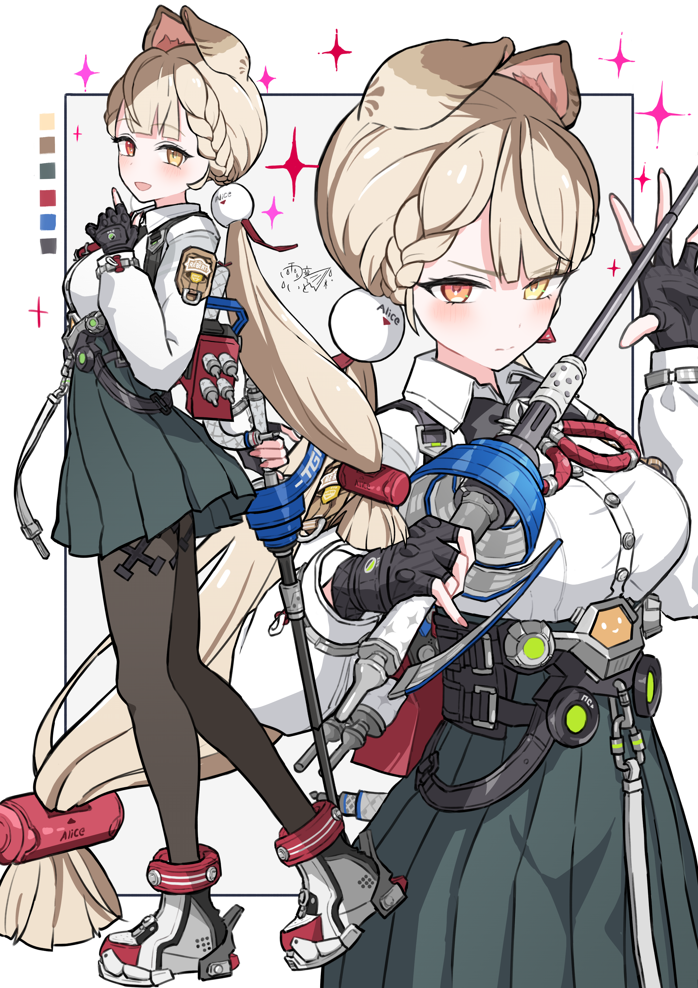 amane ito, alice thymefield, zenless zone zero, absurdres, commentary request, highres, 1girl, :d, animal ears, black gloves, black pantyhose, breasts, character name, fingerless gloves, gloves, green skirt, heterochromia, holding, holding sword, holding weapon, long sleeves, looking at viewer, low twintails, multiple views, open mouth, orange eyes, pantyhose, pleated skirt, rabbit ears, rabbit girl, rapier, serious, shirt, shoes, skirt, smile, sphere hair ornament, sword, twintails, weapon, white shirt, yellow eyes
