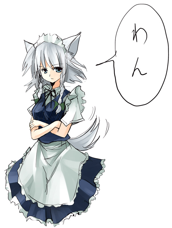 seo tatsuya, inu sakuya (nejikirio), izayoi sakuya, touhou, silver hair, 1girl, animal ears, braid, dog ears, dog tail, female focus, kemonomimi mode, maid, short hair, solo, tail, twin braids