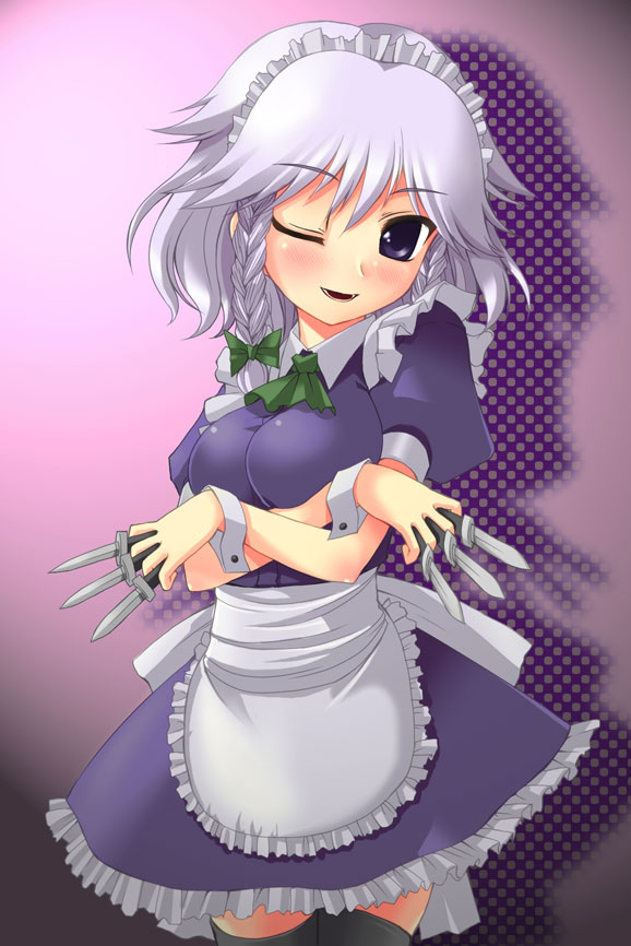 tilm, izayoi sakuya, touhou, silver hair, 1girl, between fingers, braid, breasts, breasts squeezed together, female focus, frills, holding, knife, maid, one eye closed, short hair, solo, thighhighs, throwing knife, twin braids, weapon, wink