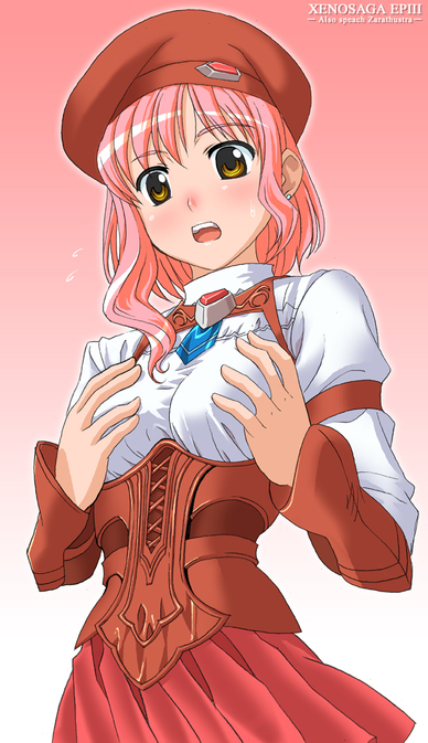 momo mizrahi, xenosaga, xenosaga episode iii, blush, dress, groping, hat, pink hair, short hair