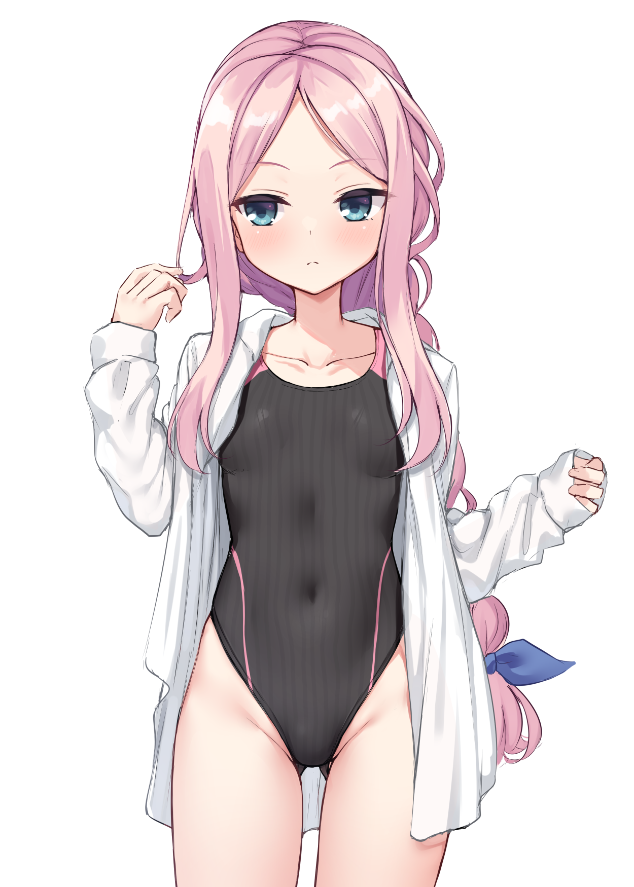 ncontrail (mgax7527), shioyama suzune, cafe stella to shinigami no chou, commentary request, highres, 1girl, alternate costume, alternate hairstyle, blue bow, blue eyes, blue one-piece swimsuit, blush, bow, braid, braided ponytail, breasts, closed mouth, collarbone, competition swimsuit, covered navel, cowboy shot, eyelashes, fidgeting, forehead, frown, gluteal fold, groin, hair bow, hand up, highleg, highleg one-piece swimsuit, jacket, long hair, long sleeves, looking to the side, low ponytail, one-piece swimsuit, open clothes, open jacket, parted bangs, petite, pink hair, playing with own hair, ponytail, sidelocks, simple background, small breasts, solo, sound effects, speech bubble, split mouth, swimsuit, thighs, very long hair, white background, white jacket