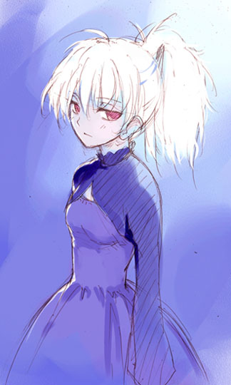 yin (darker than black), darker than black, 00s, 1girl, dress, female focus, hair ribbon, long sleeves, ponytail, purple dress, purple ribbon, red eyes, ribbon, simple background, solo, white hair