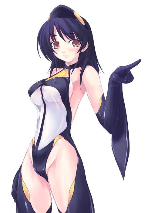 amei sumeru, linux, copyright request, tagme, 1girl, animal costume, covered erect nipples, female focus, penguin costume, pointing, simple background, solo