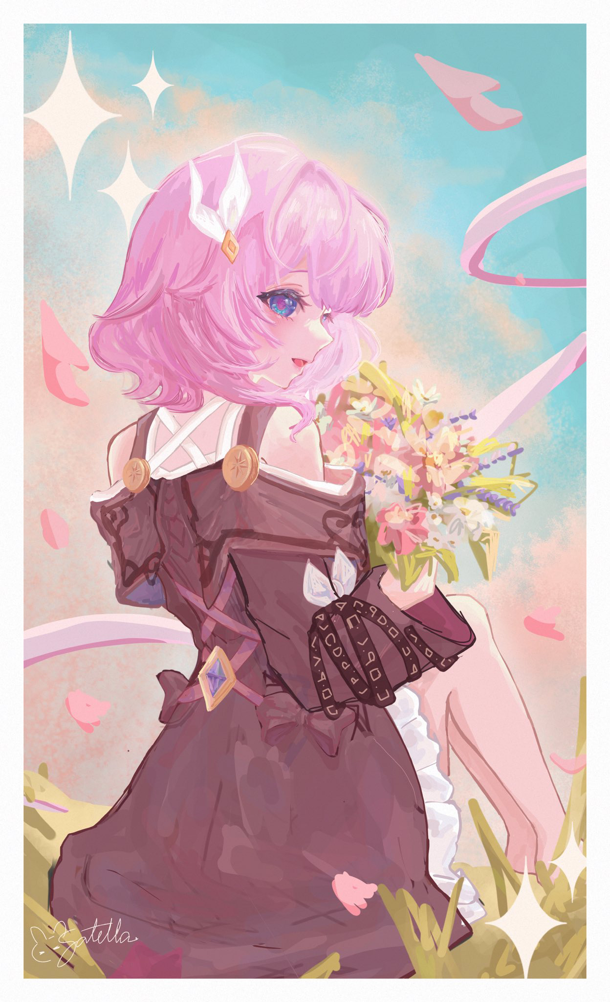cyrene (honkai: star rail), honkai: star rail, honkai (series), commentary, highres, 1girl, artist name, bare shoulders, barefoot, blue eyes, blue sky, border, bouquet, coat, flower, hair ornament, holding, holding bouquet, open mouth, outdoors, pink hair, purple coat, satella (user dgpv7473), short hair, sitting, sky, smile, solo, white border