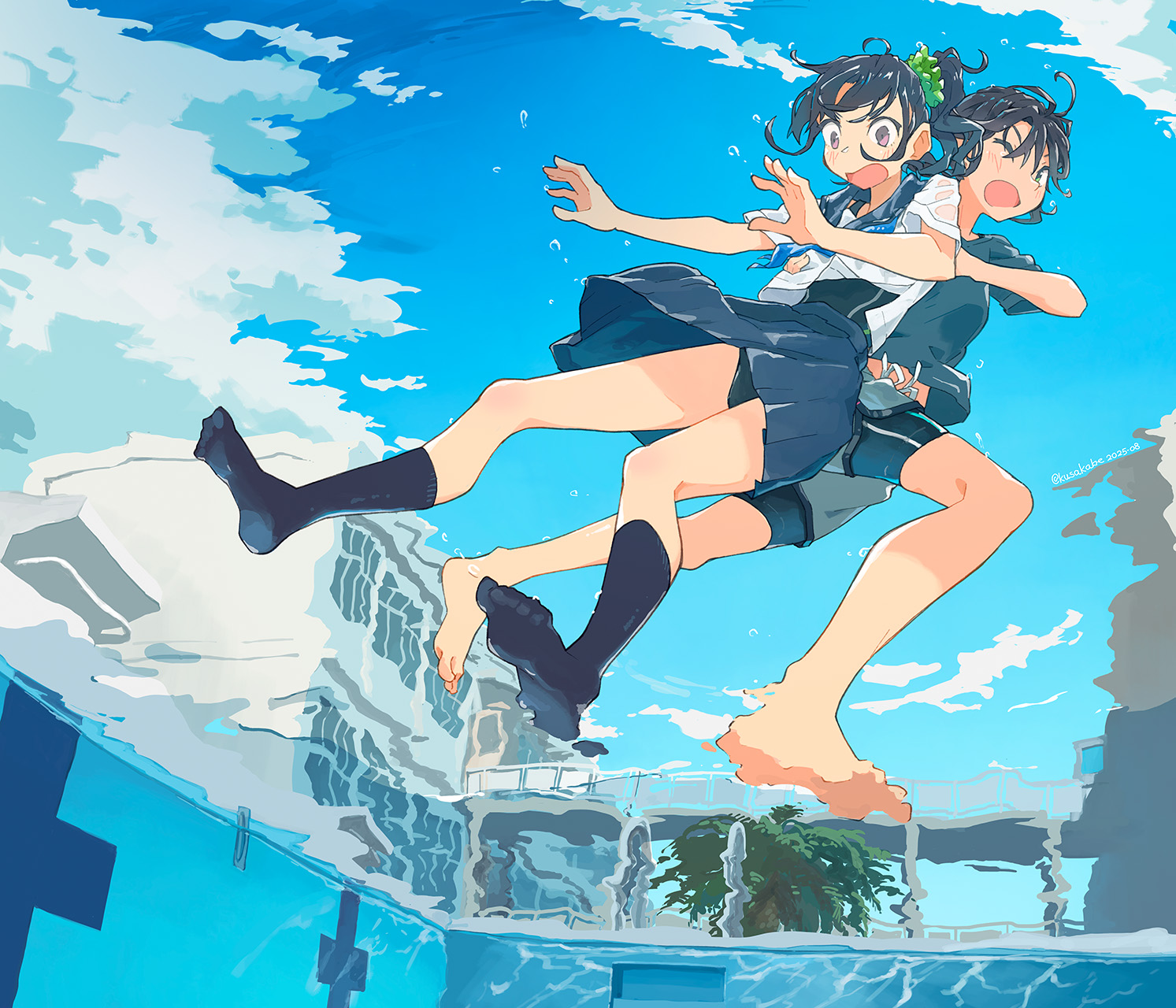 kusakabe (kusakabeworks), original, commentary, highres, symbol-only commentary, 2girls, barefoot, bike shorts, black sailor collar, black shorts, black skirt, blue sky, building, cloud, day, from behind, long hair, multiple girls, one eye closed, outdoors, pleated skirt, ponytail, pool, sailor collar, school uniform, serafuku, short hair, shorts, skirt, sky, swimsuit, swimsuit under clothes, underwater, wavy hair, white shirtooriginal