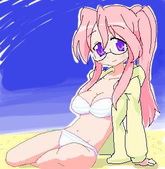 takara miyuki, lucky star, lowres, 00s, 1girl, arm support, beach, bikini, blush, breasts, cleavage, cloud, collarbone, glasses, hood, hoodie, large breasts, long hair, long sleeves, looking at viewer, open clothes, open hoodie, pink hair, purple eyes, sand, sitting, sky, smile, striped bikini, striped clothes, swimsuit, twintails, white bikini, yellow hoodie