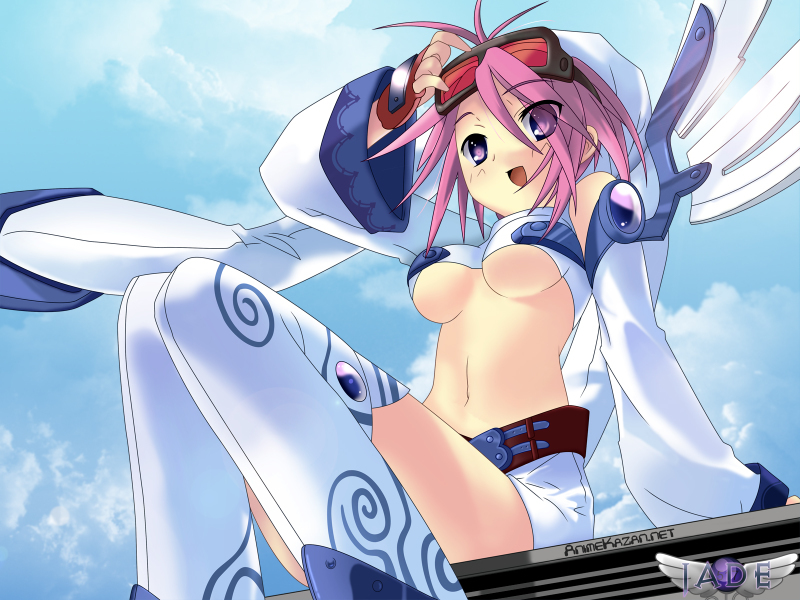 akizuki nagi, peace@pieces, 1girl, arm support, belt, blush, breasts, cloud, female focus, fingerless gloves, gloves, goggles, goggles on head, looking at viewer, midriff, no bra, open mouth, outdoors, photo background, pink eyes, pink hair, shorts, sitting, sky, solo, thighhighs, thighs, underboob
