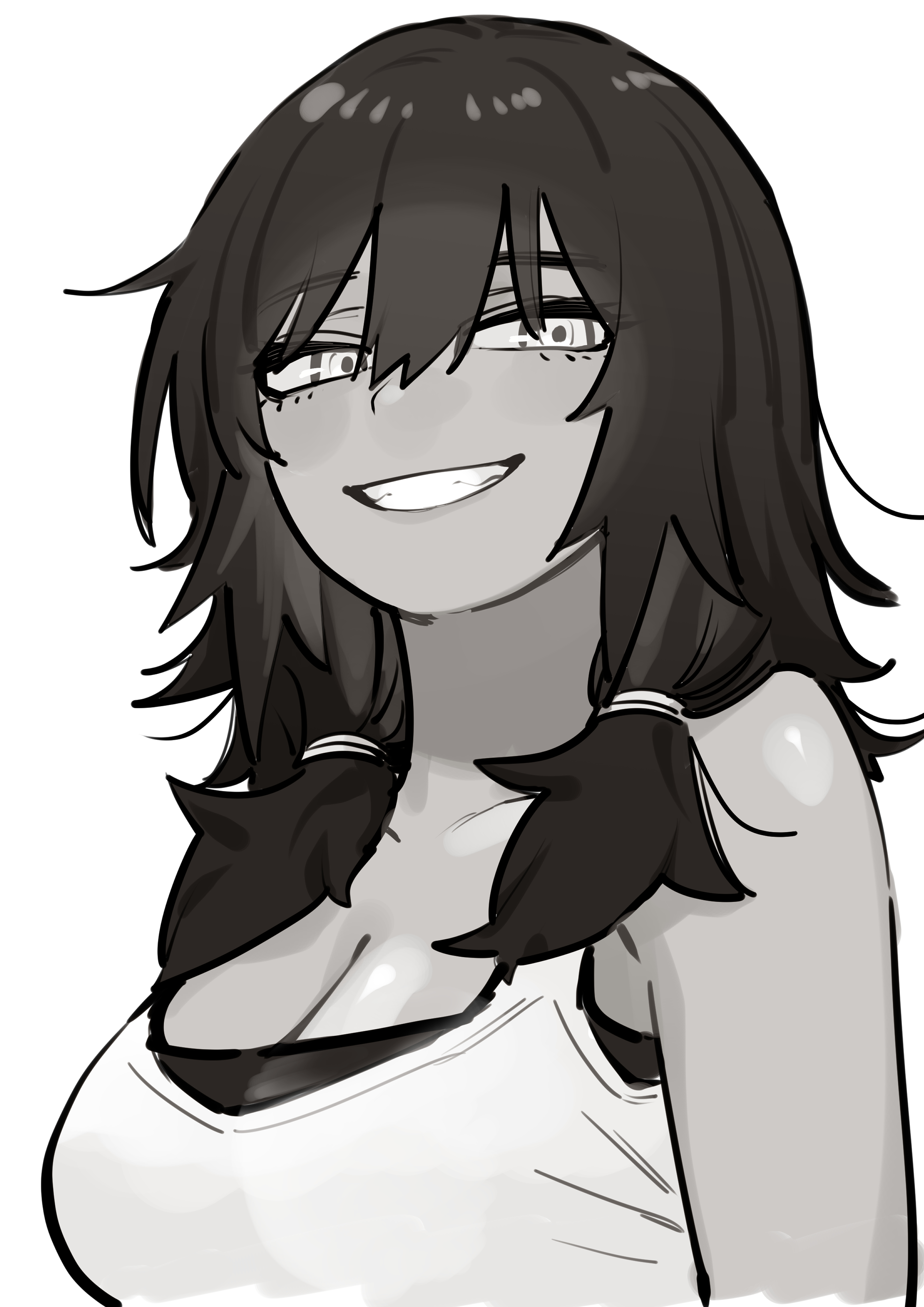 kanke (kank06020602), original, absurdres, highres, 1girl, bare shoulders, breasts, cleavage, clenched teeth, collarbone, greyscale, looking at viewer, low twintails, medium breasts, monochrome, open mouth, shirt, simple background, sleeveless, sleeveless shirt, smile, solo, teeth, twintails, upper body, yuuyuu jiteki.