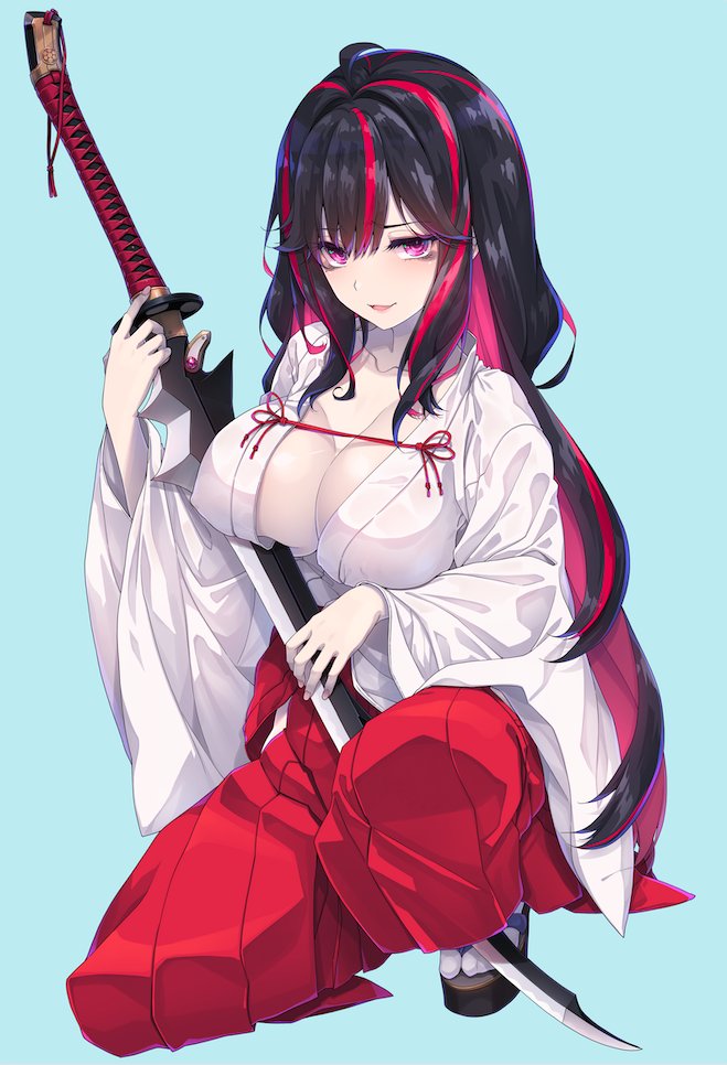 miyama-zero, high school dxd, junior high school dxd, official art, second-party source, 1girl, ahoge, black hair, blue background, breasts, cleavage, hakama, holding, holding sword, holding weapon, japanese clothes, katana, long hair, miyamoto zekka, multicolored hair, open mouth, purple eyes, red hakama, solo, sword, weapon