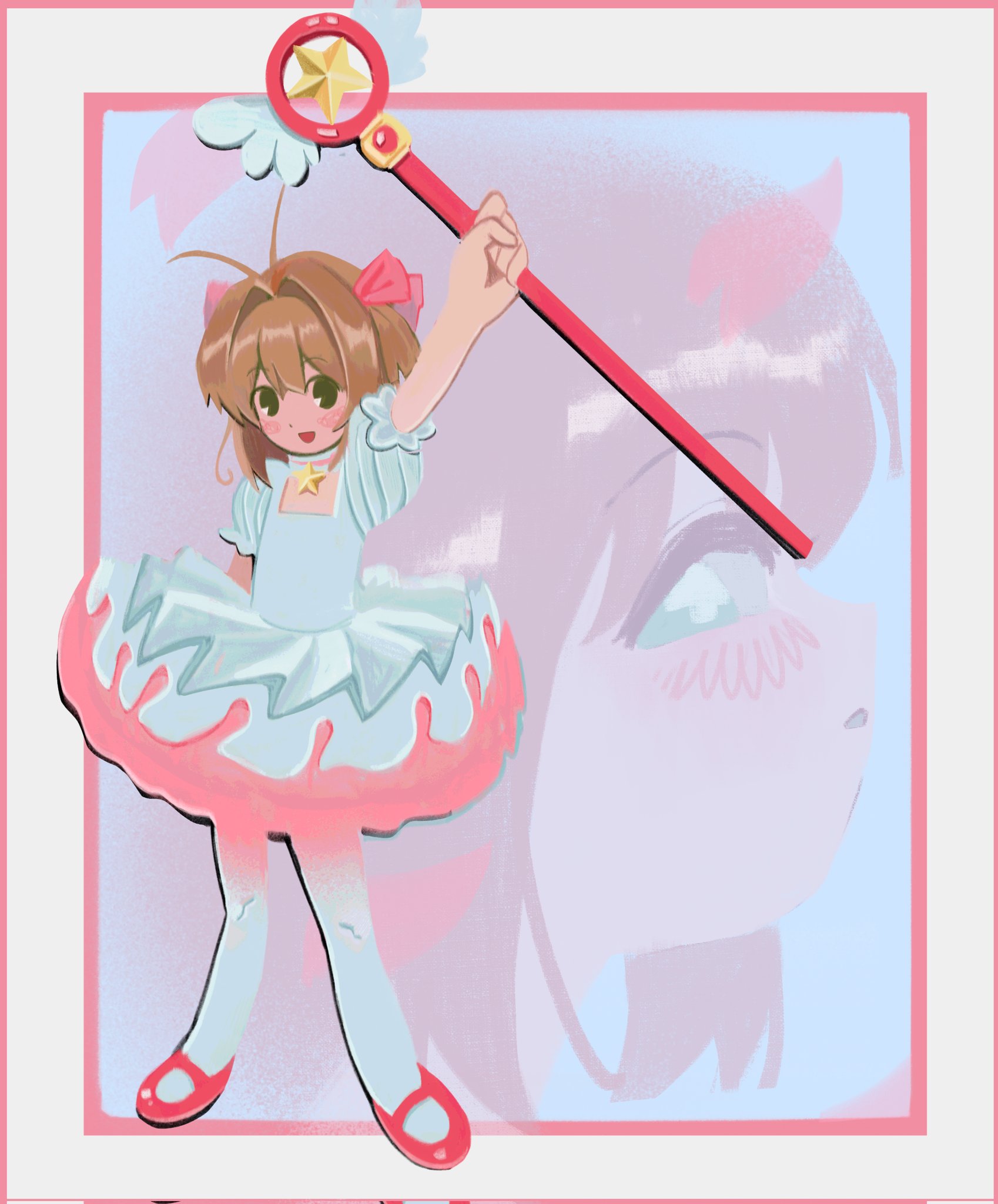 kinomoto sakura, kinomoto sakura (astral sakura), cardcaptor sakura, highres, 1girl, antenna hair, blush, brown hair, dress, green eyes, holding, holding wand, looking at viewer, magical girl, open mouth, ranifollashotas, short hair, skirt, smile, wand