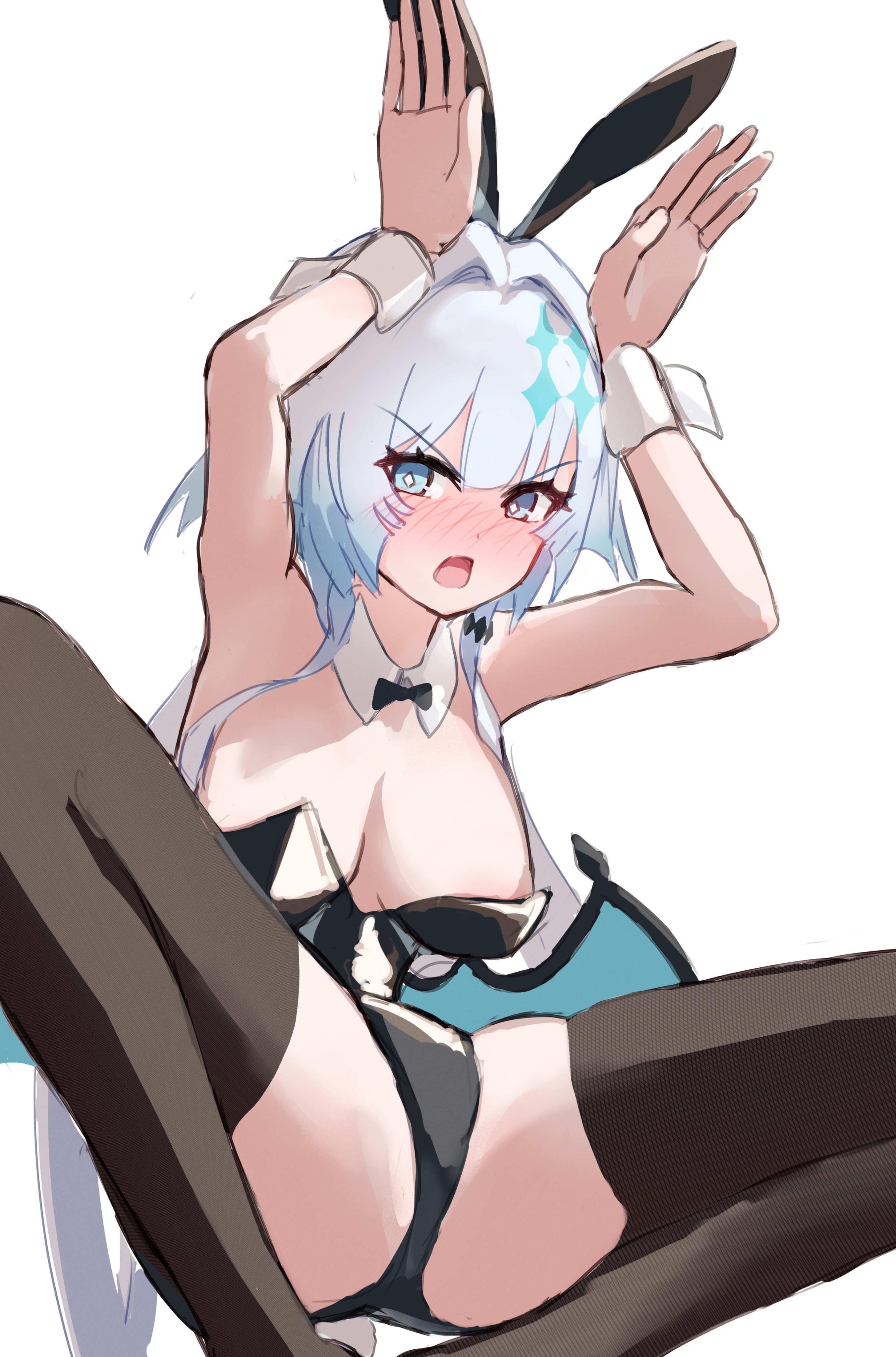 takahashi hizumi, cerydra (honkai: star rail), honkai: star rail, honkai (series), absurdres, highres, 1girl, alternate breast size (larger), animal ears, armpits, black bow, black bowtie, black leotard, black thighhighs, blue eyes, blue hair, blush, bow, bowtie, breasts, collar, detached collar, fake animal ears, large breasts, leotard, long hair, looking at viewer, open mouth, playboy bunny, rabbit ears, rabbit pose, simple background, solo, squatting, thighhighs, thighs, very long hair, white background, white collar, wings, wrist cuffs