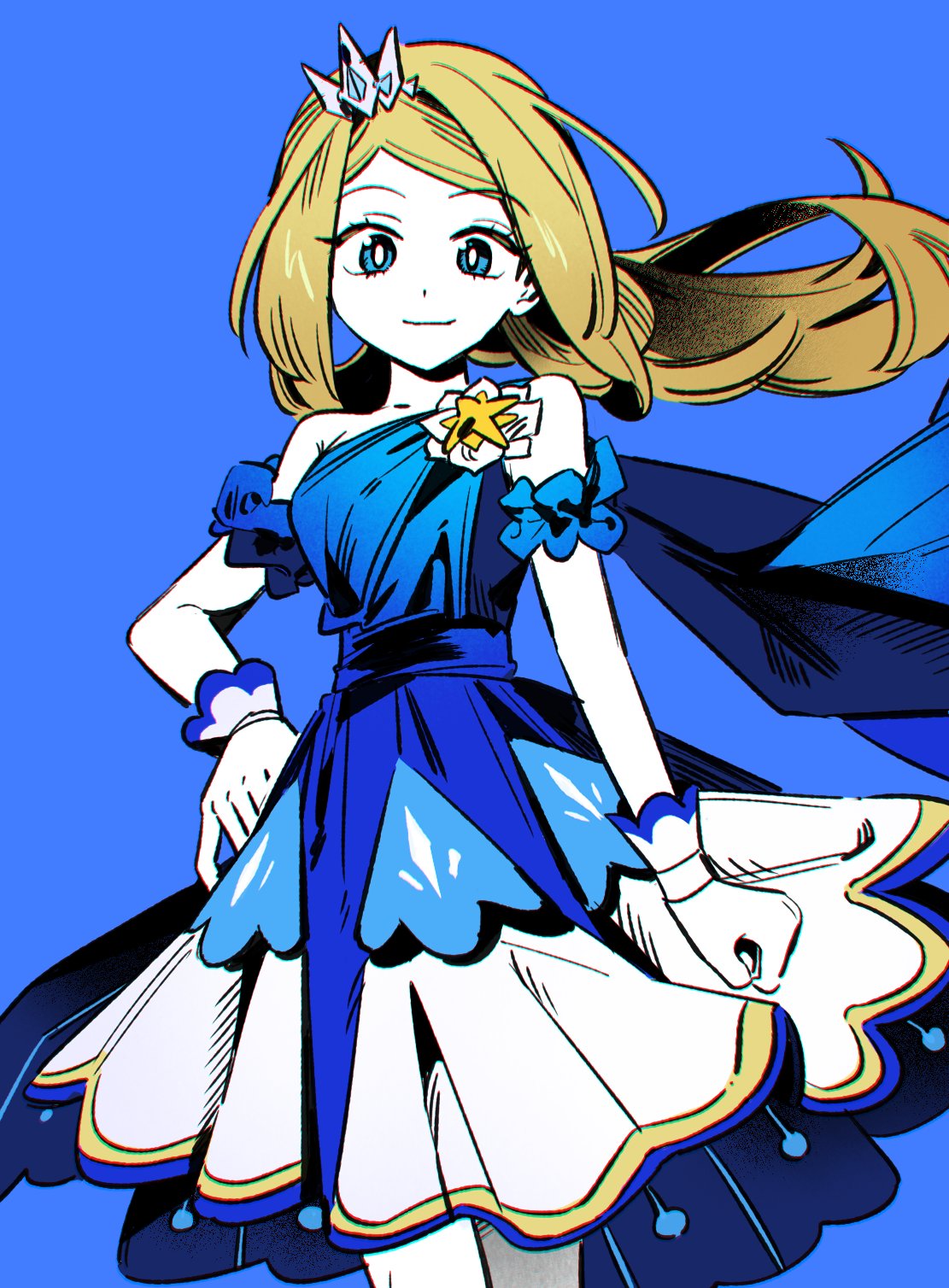 1brad, serena (champion) (pokemon), serena (pokemon), nintendo, pokemon, pokemon masters ex, highres, 1girl, armband, blonde hair, blue armband, blue background, blue eyes, bright pupils, clenched hand, closed mouth, dress, eyelashes, floating hair, hair ornament, hand on own hip, long hair, looking down, official alternate costume, simple background, smile, solo, white pupils, wrist cuffs