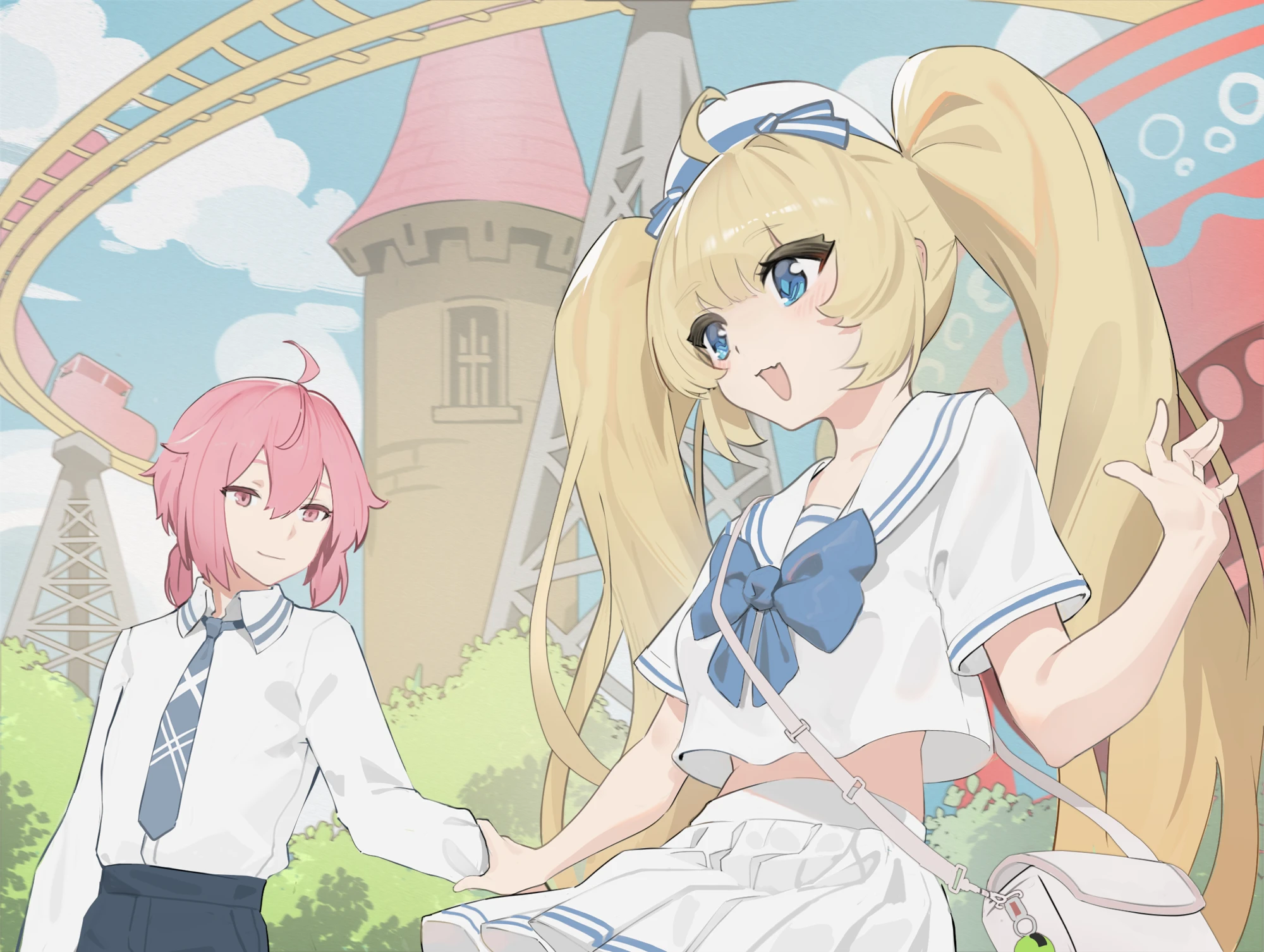 a pi, c chan (vtuber), indie virtual youtuber, chinese commentary, commentary request, commission, highres, second-party source, 1boy, 1girl, ahoge, bilibili 581334, blonde hair, blue eyes, blue sky, blush, bow, cloud, day, hair between eyes, hat, holding hands, long hair, looking at another, necktie, open mouth, outdoors, pink eyes, pink hair, pleated skirt, ribbon, sailor collar, school uniform, serafuku, shirt, short sleeves, sidelocks, skirt, sky, smile, twintails, white shirt