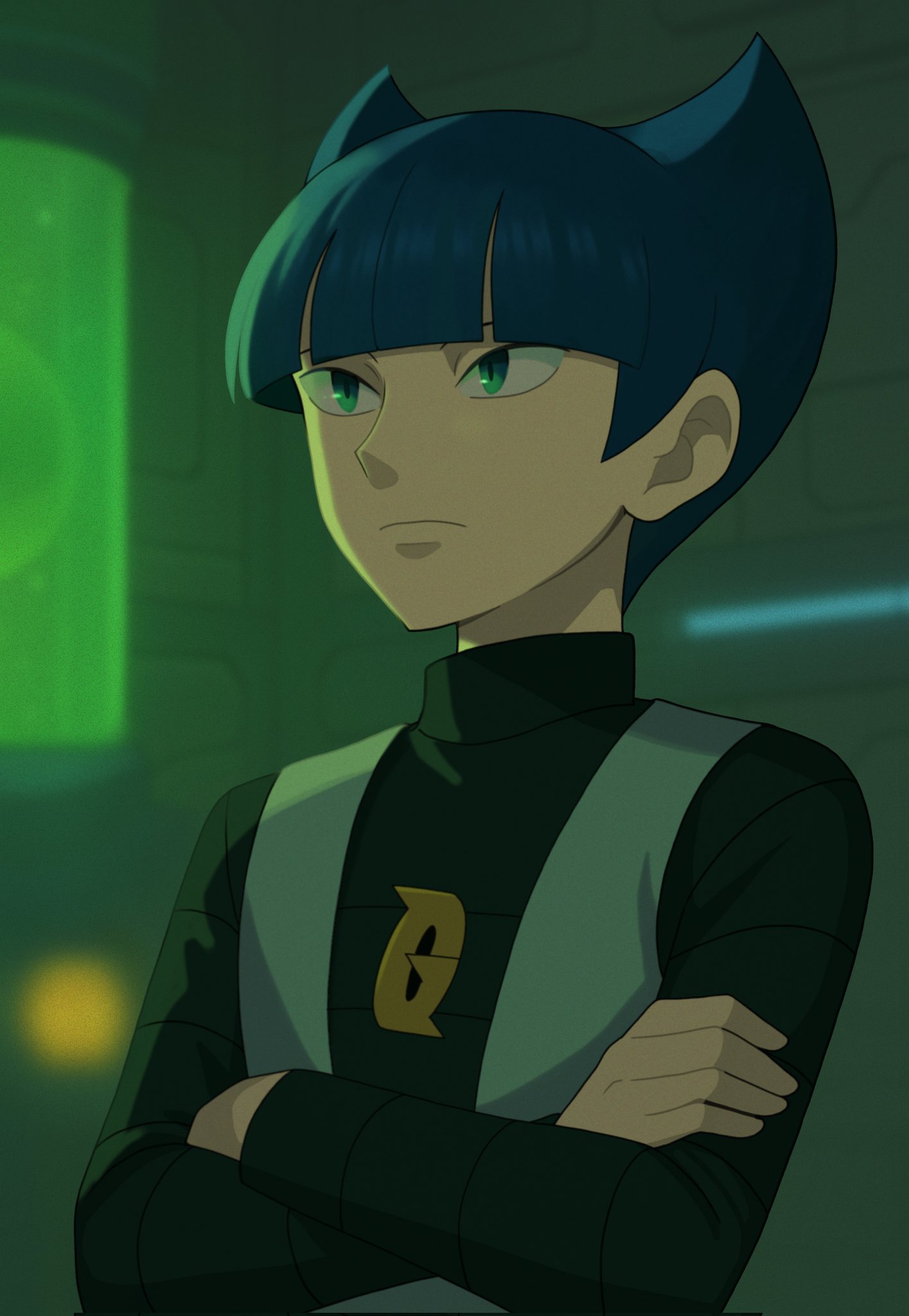 nakikot t, saturn (pokemon), nintendo, pokemon, pokemon dppt, highres, 1boy, black shirt, blue hair, blunt bangs, blurry, blurry background, closed mouth, crossed arms, green eyes, grey vest, logo, long sleeves, male focus, shirt, short hair, solo, team galactic, upper body, vest