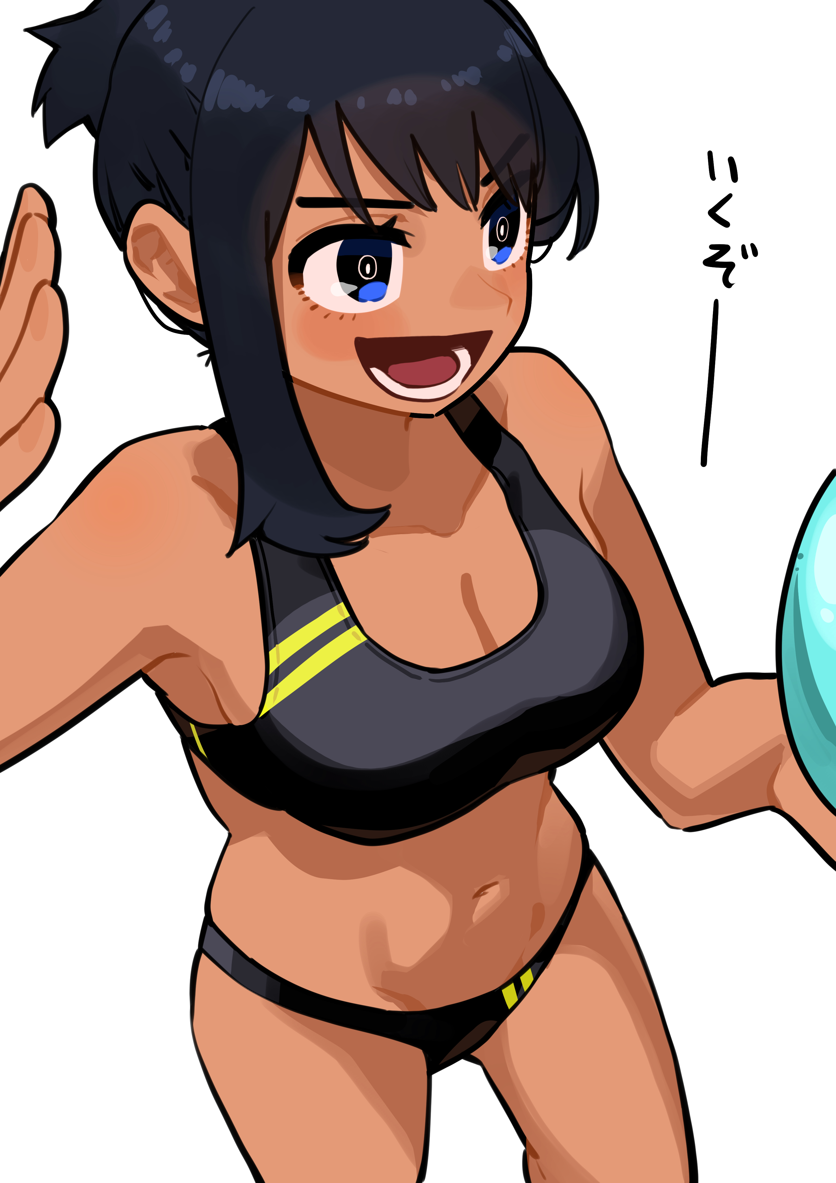 kanke (kank06020602), original, absurdres, highres, 1girl, bare shoulders, beach volleyball, bikini, black bikini, black hair, blue eyes, breasts, cleavage, cowboy shot, dark-skinned female, dark skin, hair bun, medium breasts, midriff, navel, open mouth, simple background, single sidelock, sports bikini, stomach, swimsuit, tan, white background