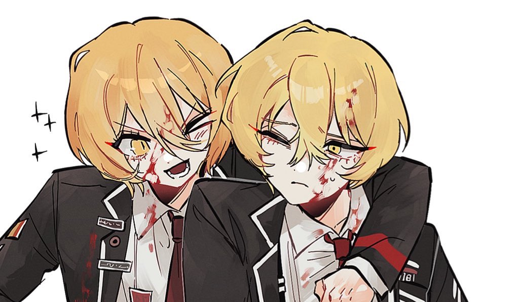 allsu official, don quixote (project moon), sinclair (project moon), limbus company, project moon, commentary request, korean commentary, 1boy, 1girl, arm around neck, black jacket, blonde hair, blood, blood in hair, blood on clothes, blood on face, clenched hand, closed mouth, collared shirt, hair between eyes, jacket, lapels, long sleeves, looking at another, necktie, number print, one eye closed, open clothes, open jacket, open mouth, orange eyes, orange hair, red necktie, shirt, short hair, simple background, smile, sparkle, sweatdrop, teeth, upper body, white background, white shirt, yellow eyes