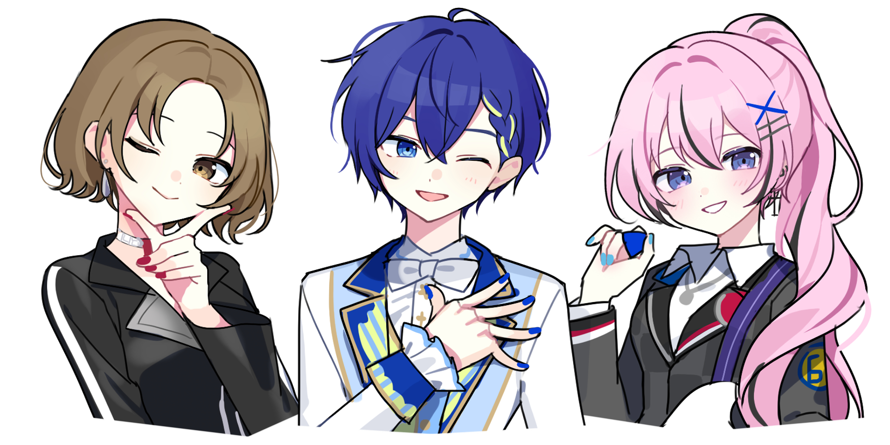 waka (wk4444), meiko (vocaloid), vivid bad squad meiko, project sekai, vocaloid, character request, commentary request, highres, 1boy, 2girls, ;d, black hair, black jacket, blue eyes, blue hair, blue nails, blush, bow, bowtie, brown hair, choker, closed mouth, cropped torso, double-parted bangs, hand on own chest, hand up, holding, holding plectrum, jacket, long hair, long sleeves, looking at viewer, multicolored hair, multiple girls, nail polish, one eye closed, open mouth, pink hair, plectrum, ponytail, red nails, short hair, smile, streaked hair, white bow, white bowtie, white choker, white jacket, wing collar
