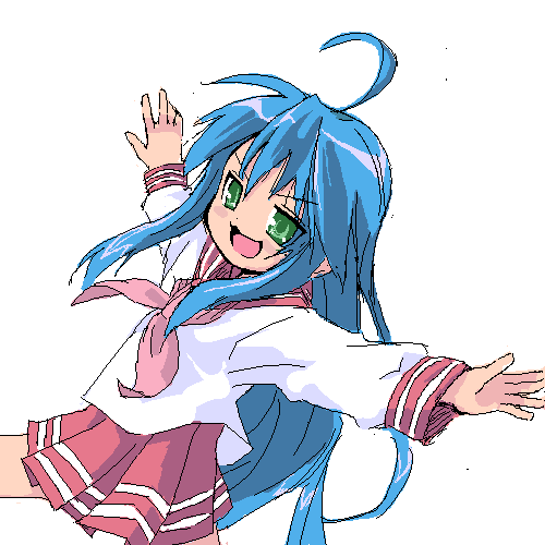izumi konata, lucky star, lowres, >:d, 00s, 1girl, :d, ahoge, blush, female focus, green eyes, long hair, long sleeves, looking at viewer, mole, mole under eye, open mouth, outstretched arms, pleated skirt, red skirt, sailor collar, school uniform, serafuku, sidelocks, simple background, skirt, smile, solo, v-shaped eyebrows, very long hair, white background