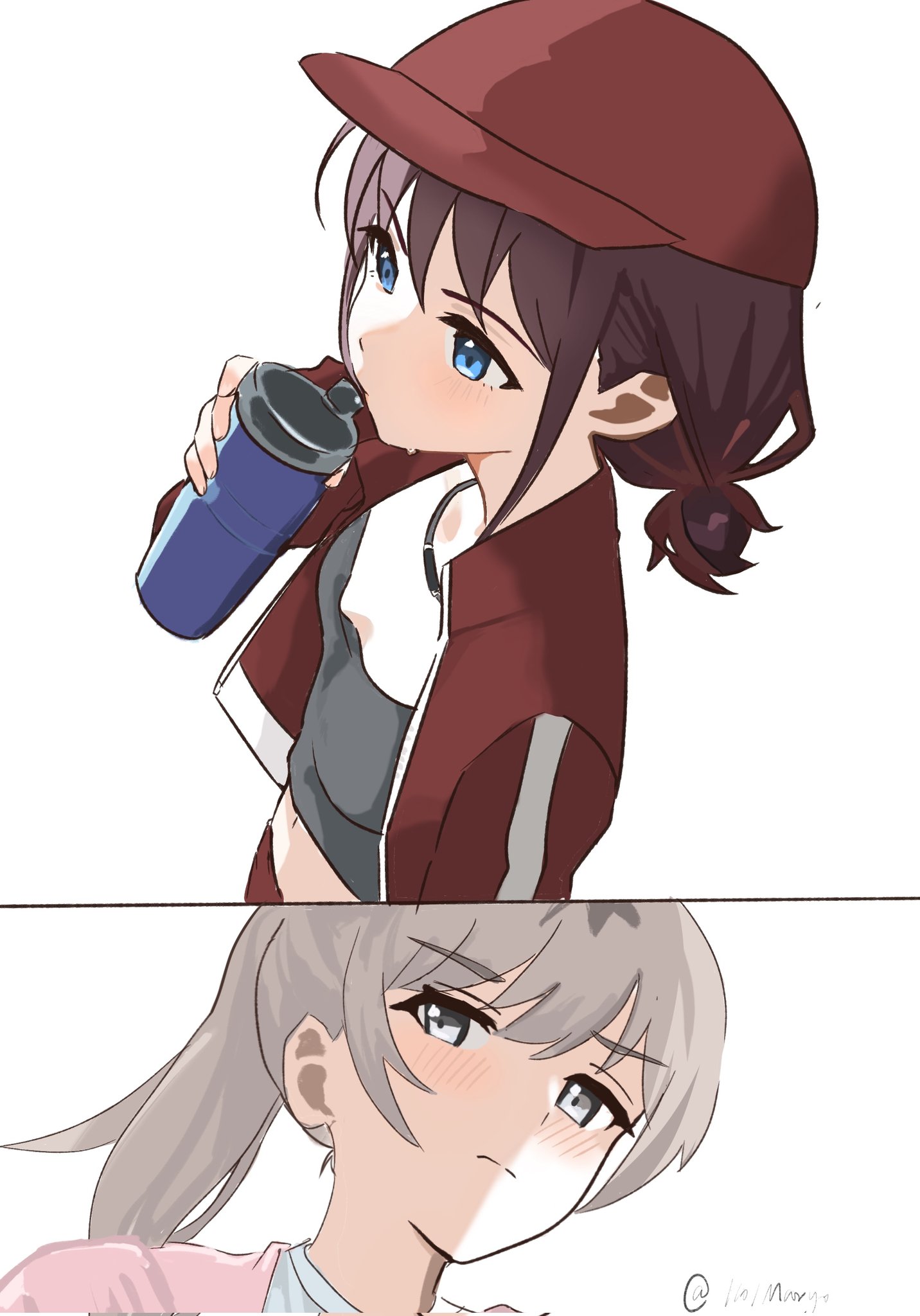 1101maryo, iseri nina, kawaragi momoka, girls band cry, commentary, hashtag-only commentary, highres, 2girls, blush, bottle, breasts, brown hair, closed mouth, grey hair, grey shirt, holding, holding bottle, jacket, long hair, low twintails, midriff, multicolored hair, multiple girls, navel, ponytail, red jacket, roots (hair), shirt, short hair, short twintails, simple background, small breasts, twintails, white background
