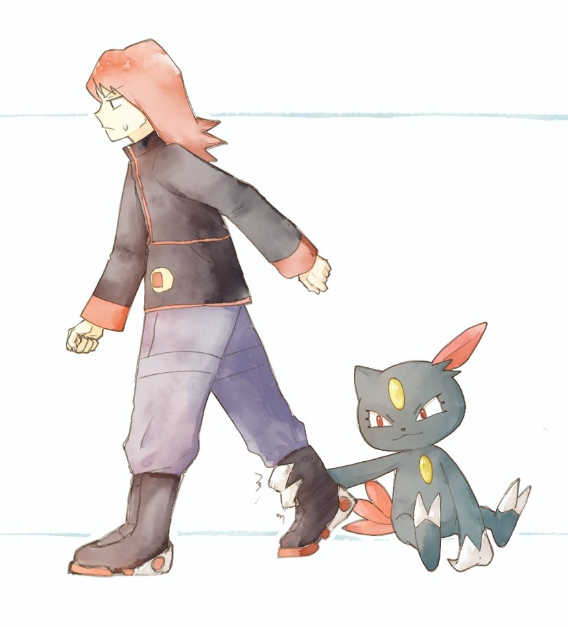 asuka rkgk, silver (pokemon), sneasel, nintendo, pokemon, pokemon gsc, 1boy, black boots, black eyes, black jacket, boots, closed mouth, gen 2 pokemon, grabbing another's ankle, jacket, long hair, long sleeves, male focus, pants, pokemon (creature), red hair, sitting, standing, sweatdrop, white background