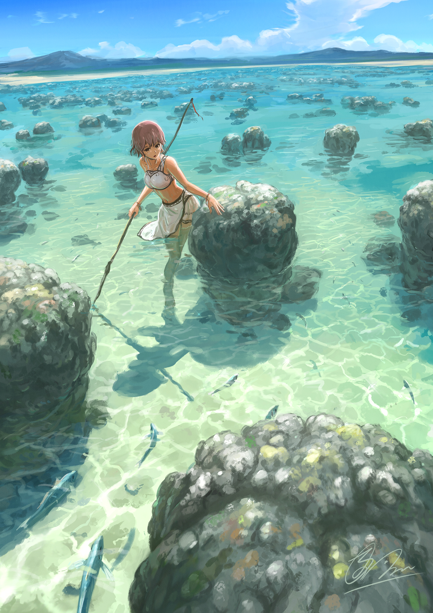 shiki makoto, original, highres, 1girl, blue sky, bra, breasts, brown hair, cloud, cloudy sky, fish, holding, holding polearm, holding weapon, mountainous horizon, nature, ocean, outdoors, polearm, scenery, short hair, skirt, sky, solo, spear, stomach, underwear, wading, weapon, white bra, white skirt