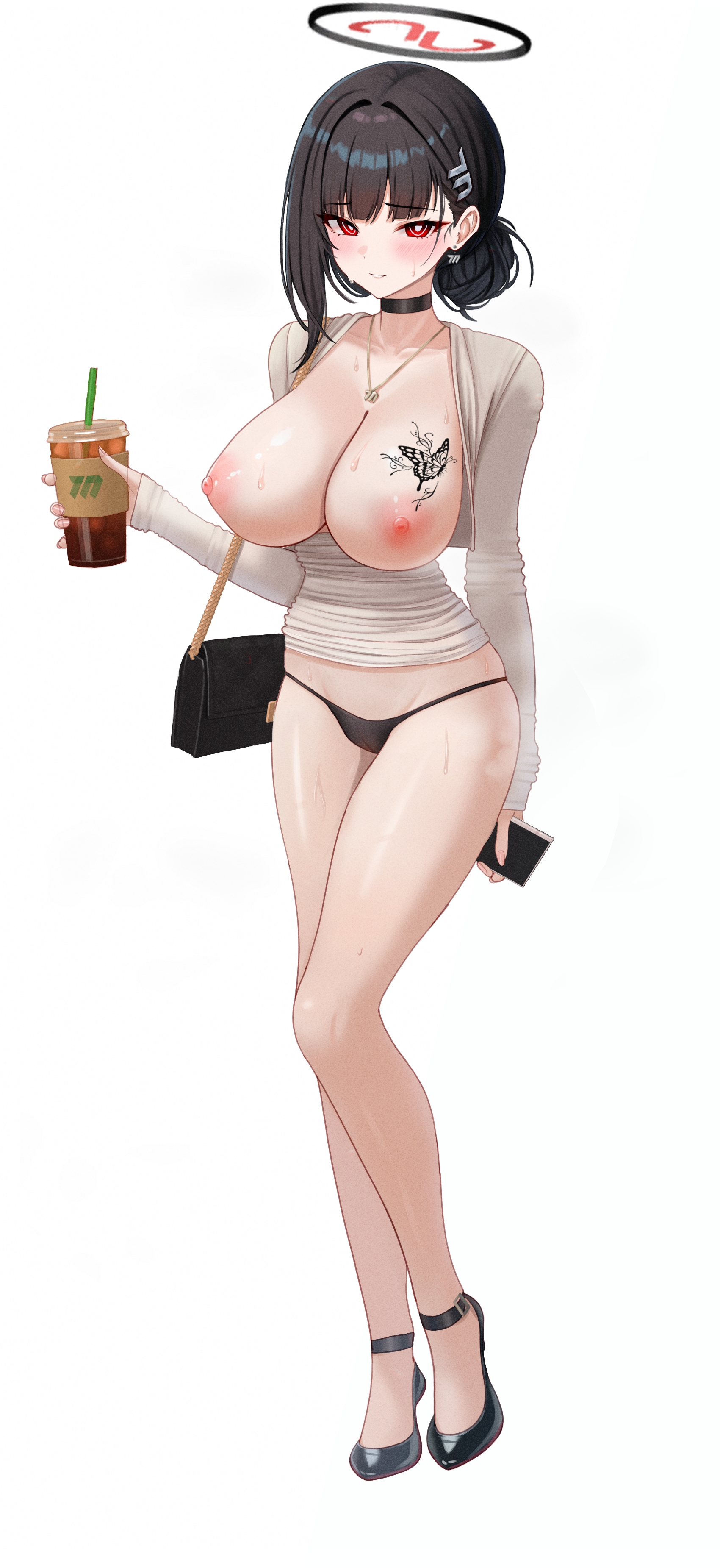 mizikayo, rio (blue archive), blue archive, absurdres, commentary, highres, 1girl, alternate costume, black hair, black panties, black shoes, blush, breast tattoo, breasts, bright pupils, butterfly tattoo, clothes lift, clothes pull, cup, disposable cup, dongtan dress, dress, dress lift, dress pull, drinking straw, full body, grey dress, hair down, hair intakes, hair ornament, hairclip, halo, holding, holding cup, jewelry, large breasts, legs, long hair, long sleeves, looking at viewer, mary janes, millennium science school logo, necklace, nipples, no bra, panties, red eyes, shoes, simple background, solo, standing, tattoo, thighs, underwear, very long hair, white background, white pupils