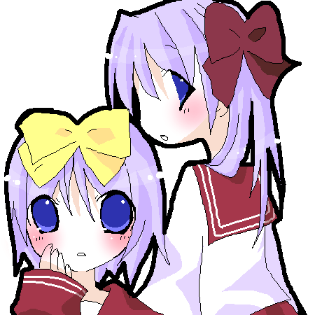 hiiragi kagami, hiiragi tsukasa, lucky star, lowres, tagme, 00s, 2girls, back, blue eyes, blush, hair ribbon, hairband, looking at viewer, looking back, multiple girls, purple hair, school uniform, serafuku, short hair, sisters, standing, twins, upper body, white background