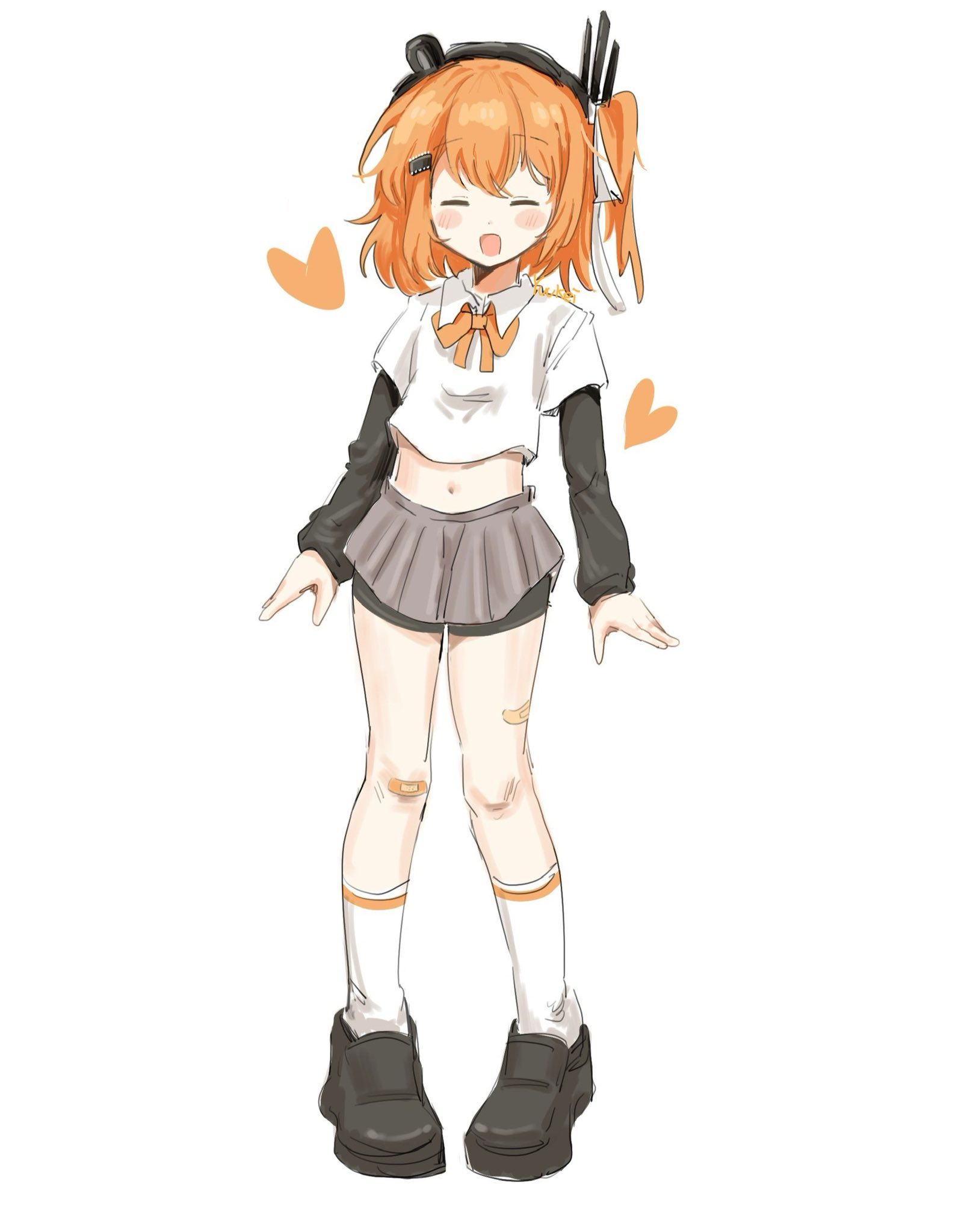 adachi rei, a.i. voice, utau, highres, 1girl, alternate costume, bandaid, bandaid on knee, bandaid on leg, black shoes, closed eyes, cropped shirt, facing viewer, full body, grey skirt, heart, layered sleeves, long sleeves, medium hair, midriff, miniskirt, navel, one side up, open mouth, orange hair, pigeon-toed, shirt, shoes, short over long sleeves, short sleeves, simple background, skirt, socks, solo, standing, white background, white shirt, white socks, yuukeiii213