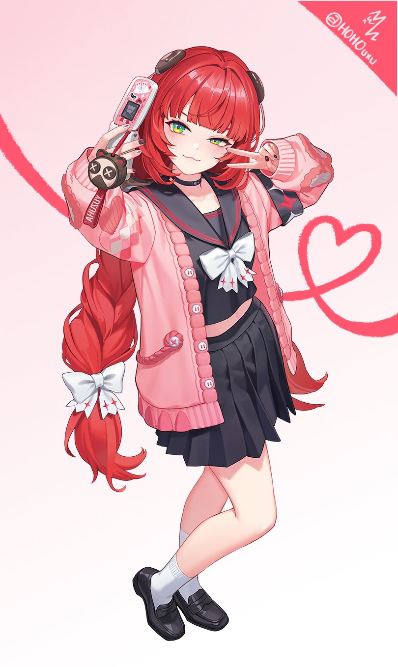 ukinami yuzuha, zenless zone zero, commentary, highres, 1girl, :3, bare legs, black choker, black sailor collar, black serafuku, black shoes, black skirt, bow, cardigan, cellphone, choker, flip phone, full body, gradient background, green eyes, hair bow, hair ornament, heart, heart of string, hoho (hohouxu), holding, holding phone, loafers, long hair, long sleeves, miniskirt, open cardigan, open clothes, phone, pink background, pink cardigan, pleated skirt, red hair, sailor collar, school uniform, serafuku, shoes, skirt, socks, solo, standing, uneven eyes, very long hair, white background, white bow, white socks