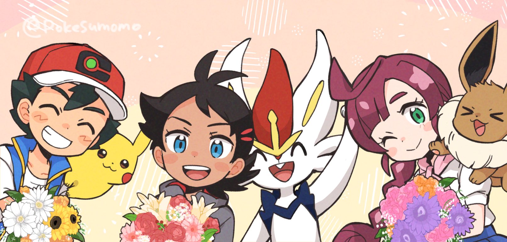 pokesumomo, ash ketchum, chloe (pokemon), cinderace, eevee, goh (pokemon), pikachu, nintendo, pokemon, pokemon (anime), pokemon journeys, commentary request, highres, 1girl, 2boys, ;), antenna hair, black hair, blue eyes, blue skirt, blue vest, blush stickers, bouquet, closed eyes, closed mouth, collarbone, flower, gen 1 pokemon, gen 8 pokemon, green eyes, grey shirt, grin, happy, hat, multiple boys, on shoulder, one eye closed, open clothes, open vest, pokemon (creature), pokemon on shoulder, red hat, shirt, short hair, short sleeves, skirt, smile, teeth, vest, white shirt