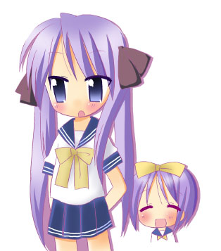 hiiragi kagami, hiiragi tsukasa, lucky star, lowres, tagme, 00s, 2girls, blue eyes, blush, closed eyes, long hair, multiple girls, open mouth, purple hair, school uniform, serafuku, short hair, sisters, skirt, standing, tongue, twins, twintails