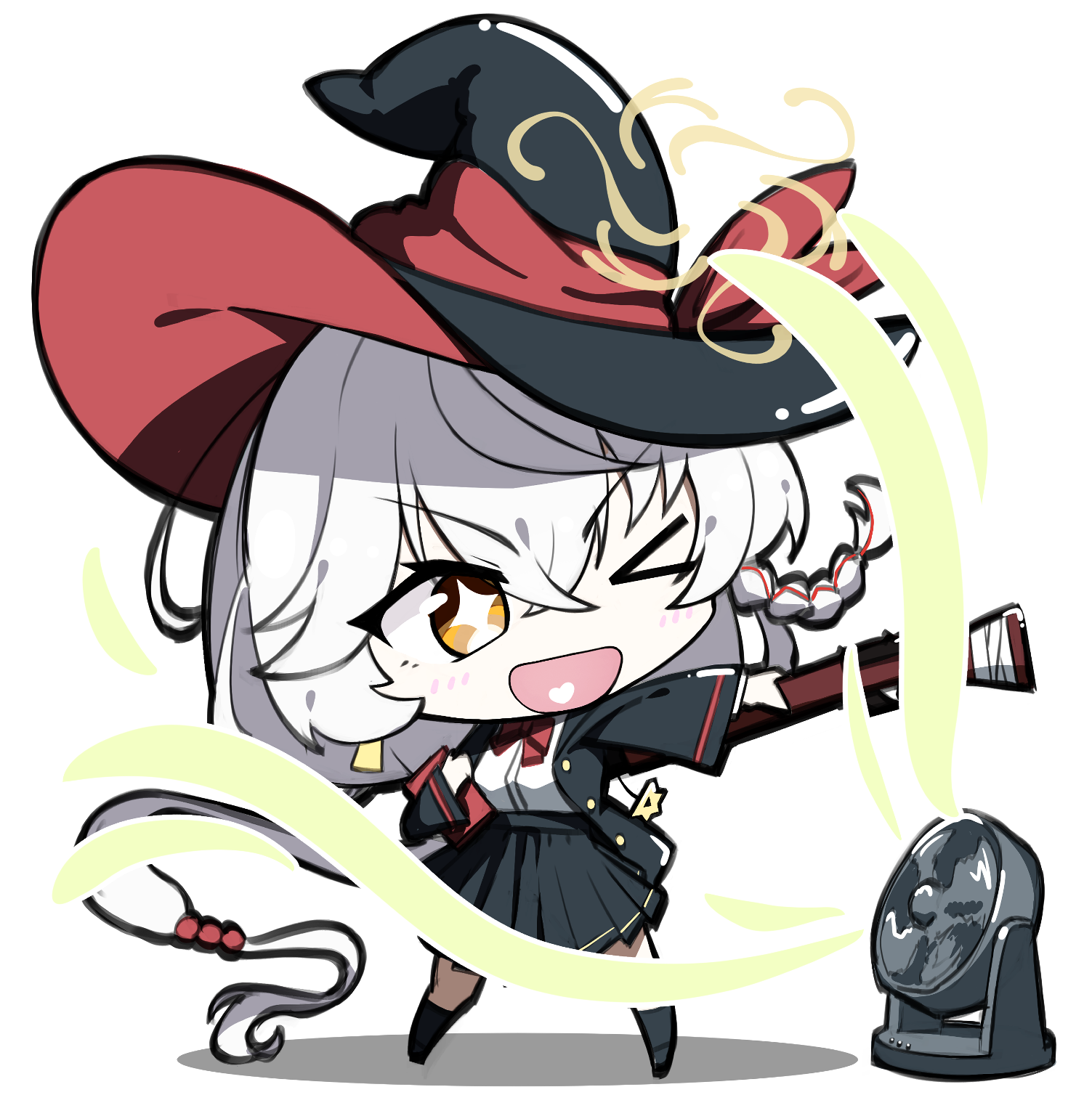 eri (blue archive), blue archive, bow, bowtie, braid, chibi, electric fan, gun, halo, hat, jacket, long coat, long hair, orange eyes, shirt, skirt, sparkling eyes, sweater, weapon, white hair, witch hat