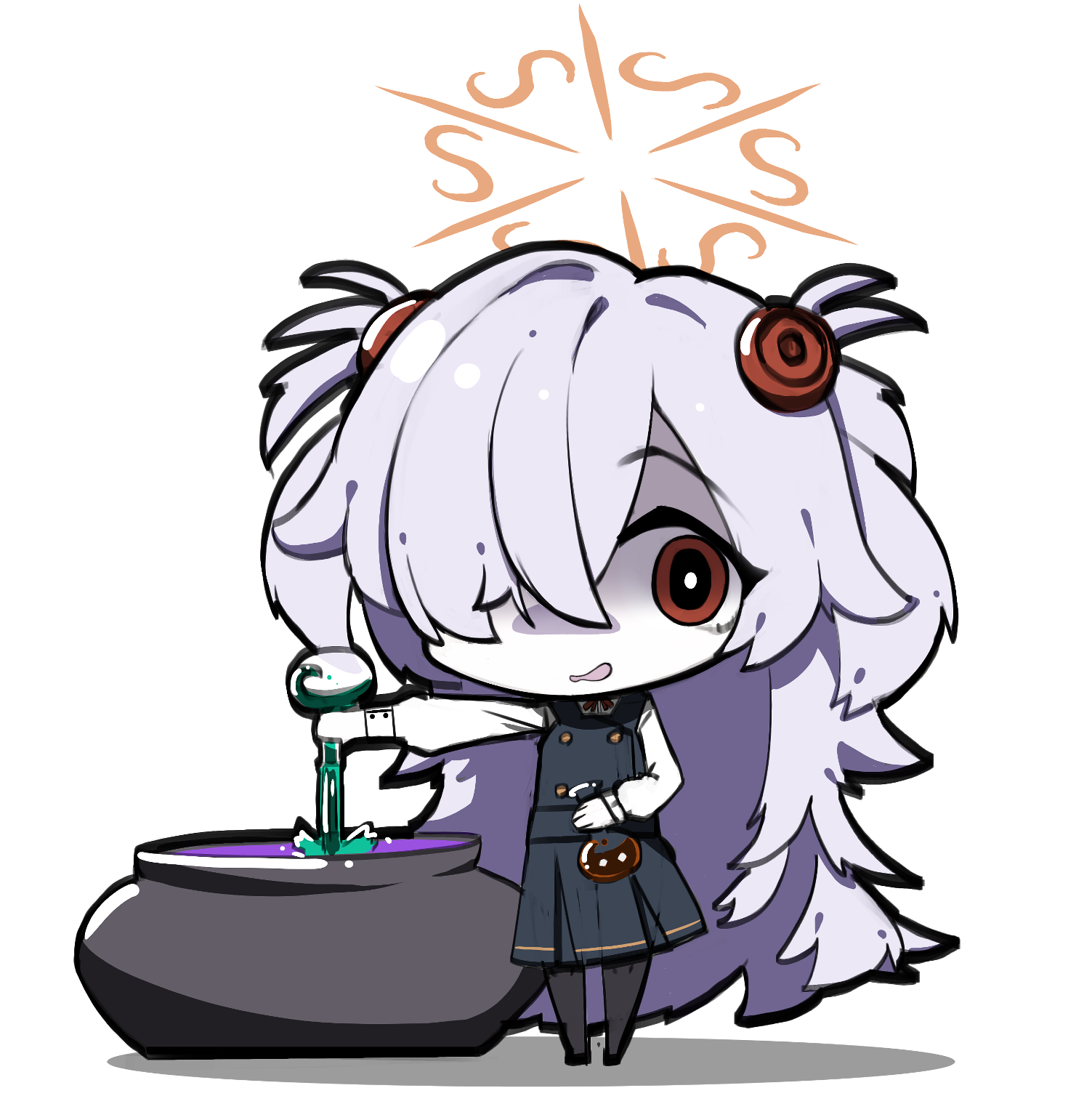 kanoe (blue archive), blue archive, big hair, bow, bowtie, cauldron, chibi, dress, eyeshadow, hair ornament, halo, leggings, long hair, makeup, pantyhose, potion, red eyes, sleeve cuffs, twintails, white hair