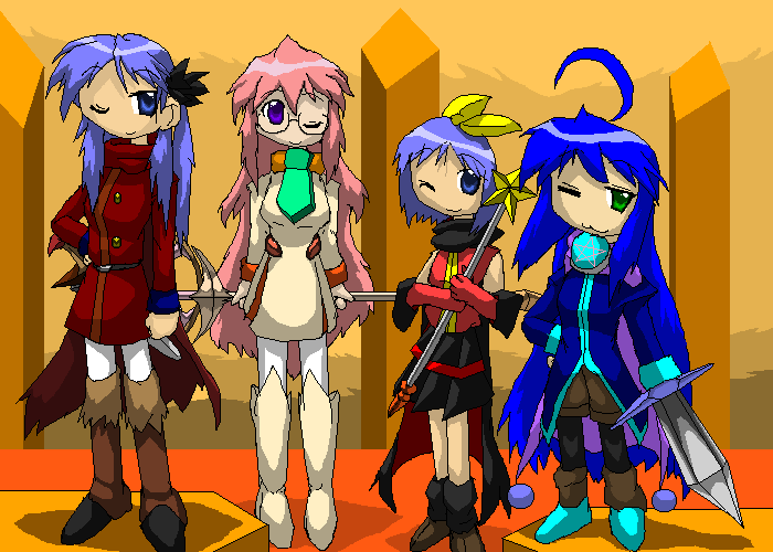 hiiragi kagami, hiiragi tsukasa, izumi konata, takara miyuki, lucky star, 00s, 4girls, ;), antenna hair, blue eyes, blue hair, boots, glasses, green eyes, long hair, looking at viewer, multiple girls, one eye closed, purple eyes, purple hair, short hair, sisters, standing, sword, twins, twintails, weapon