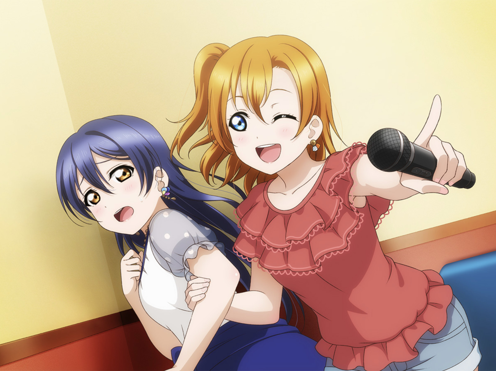 kosaka honoka, sonoda umi, love live!, love live! school idol festival all stars, love live! school idol project, highres, official art, 2girls, anime coloring, aqua shorts, blue eyes, blue hair, blue skirt, blush, collarbone, earrings, frilled shirt, frills, furrowed brow, grey shirt, hair between eyes, hand on own chest, hand up, holding, holding another's arm, holding microphone, indoors, jewelry, karaoke, long hair, looking at another, looking to the side, microphone, multiple girls, necklace, one eye closed, one side up, open mouth, orange hair, outstretched arm, pink nails, pointing, pointing forward, raised inner eyebrows, reaching, red shirt, shirt, shorts, skirt, small sweatdrop, smile, teeth, two-tone shirt, upper body, upper teeth only, white shirt, yellow eyes