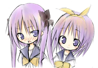 hiiragi kagami, hiiragi tsukasa, lucky star, lowres, 00s, 2girls, blue eyes, blush, hairband, long hair, looking at viewer, multiple girls, open mouth, purple hair, school uniform, serafuku, short hair, sisters, tongue, twins, twintails, upper body, white background