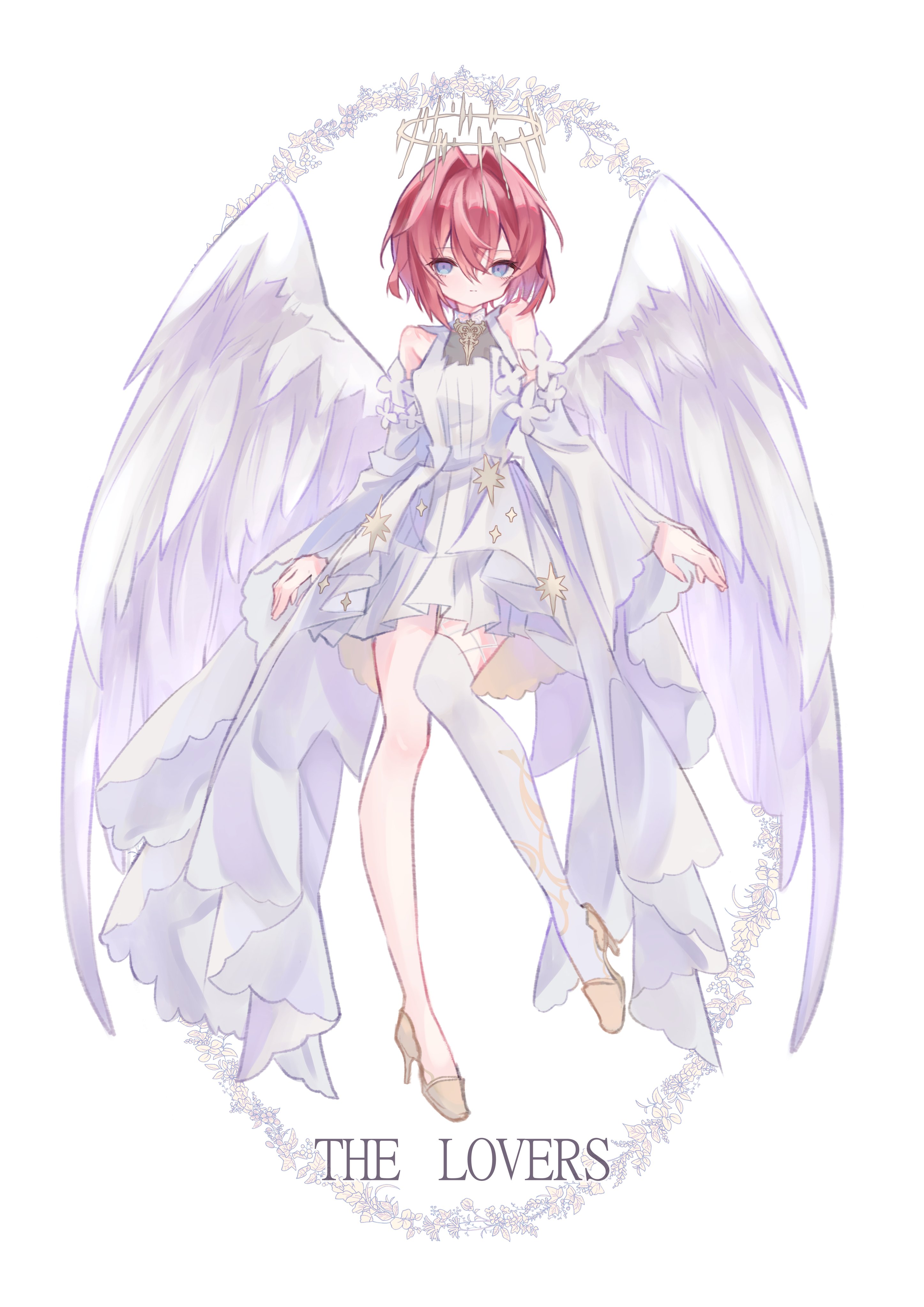 eresa, ange katrina, nijisanji, absurdres, commentary request, highres, making-of available, 1girl, angel, angel wings, artist name, bare shoulders, blue eyes, border, breasts, closed mouth, detached sleeves, dress, english text, eyelashes, feathered wings, floral border, full body, gold shoes, gradient eyes, hair between eyes, hair intakes, halo, high heels, inset border, knees together feet apart, light blush, long bangs, long sleeves, looking at viewer, medium hair, multicolored eyes, official alternate costume, ornate border, oversized wings, pantyhose, pumps, purple eyes, red hair, shoes, short dress, single leg pantyhose, sleeveless, sleeveless dress, small breasts, solo, spiked halo, stiletto heels, tarot, the lovers (tarot), virtual youtuber, white background, white dress, white pantyhose, white sleeves, white wings, wide sleeves, wings, yellow halo