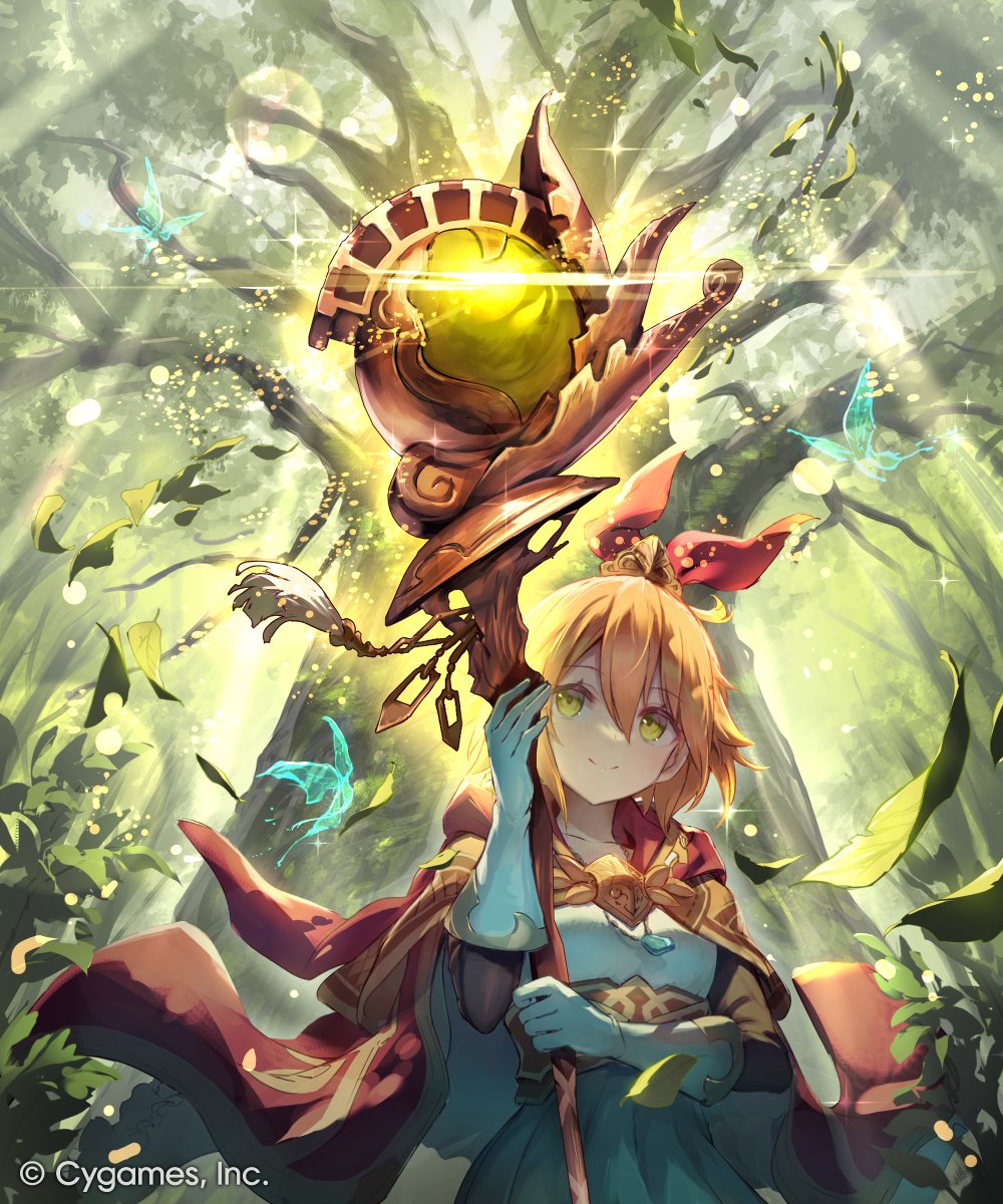 nogi lief, liza (shadowverse), shadowverse, shadowverse: worlds beyond, commentary request, highres, official art, 1girl, blonde hair, breasts, bug, butterfly, cape, collarbone, company name, elf, forest, gloves, green eyes, hair between eyes, hair ribbon, holding, holding staff, insect, leaf, nature, pleated skirt, pointy ears, red cape, red ribbon, ribbon, short hair, skirt, small breasts, smile, solo, staff, standing, tree, white gloves