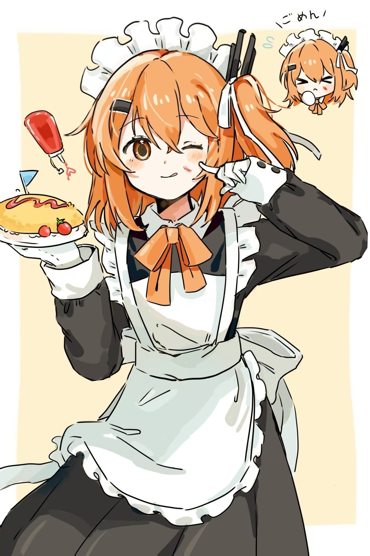 adachi rei, a.i. voice, utau, highres, revision, 1girl, alternate costume, apron, black dress, dress, enmaided, food, frilled apron, frills, gloves, holding, holding food, long sleeves, looking at viewer, maid, maid apron, maid headdress, medium hair, neck ribbon, omelet, omurice, one eye closed, one side up, orange eyes, orange hair, orange ribbon, ribbon, white apron, white gloves, yuukeiii213