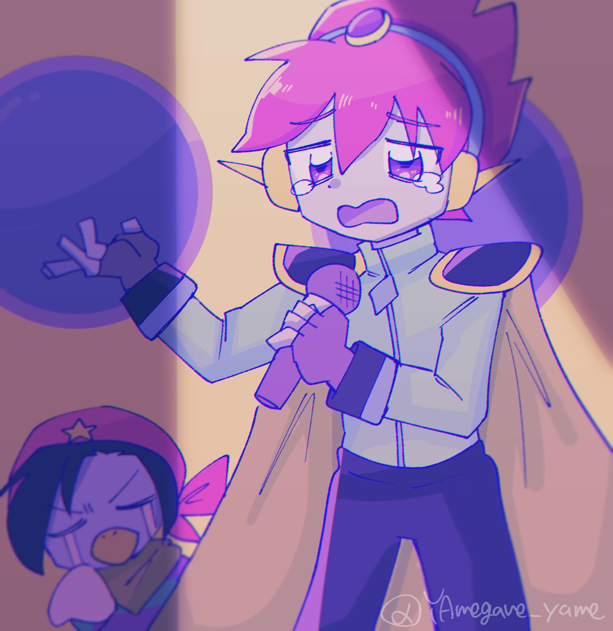 yamegane, captain spaceboy, omori, highres, 2boys, black gloves, black pants, blue skin, cape, closed eyes, colored skin, crying, crying with eyes open, fingerless gloves, gloves, holding, holding microphone, male focus, microphone, multiple boys, open mouth, pants, pink eyes, pink hair, short hair, tears, twitter username, zipper, zipper pull tab