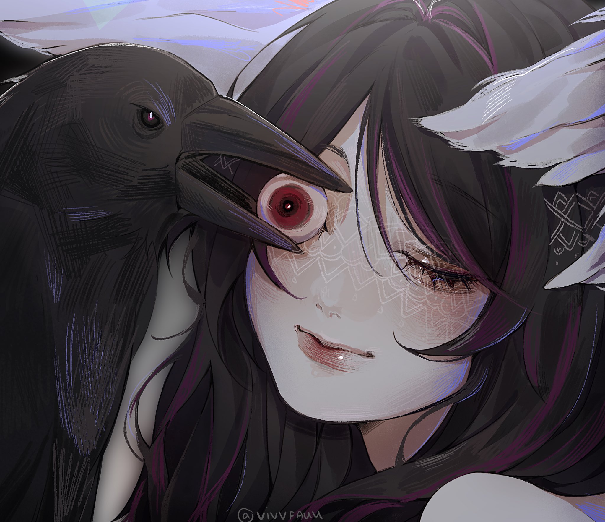 columbina (genshin impact), genshin impact, commentary, highres, 1girl, bird, black hair, crow, eyeball, long hair, multicolored hair, purple hair, red eyes, smile, solo, streaked hair, vivvfauumeow