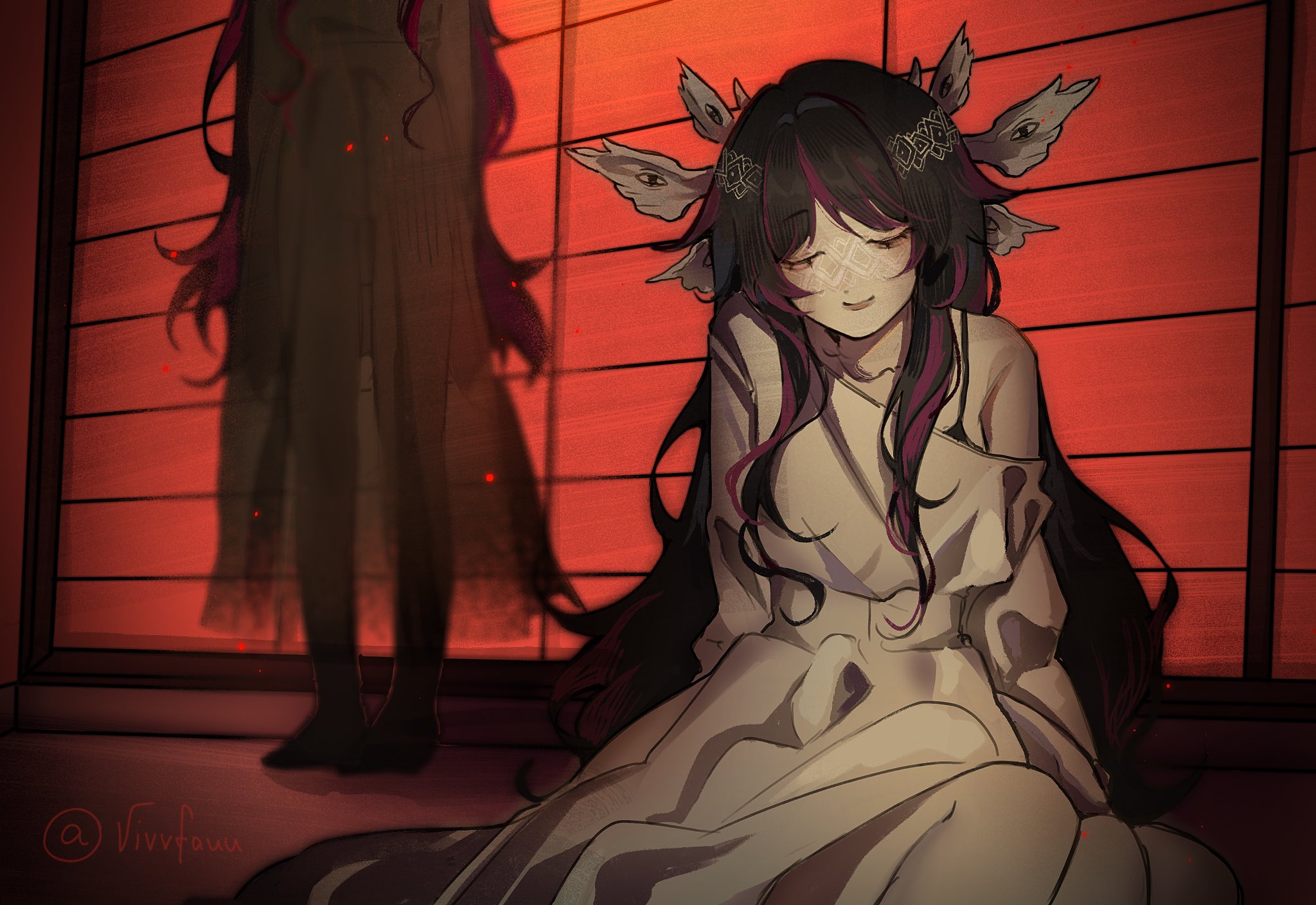 columbina (genshin impact), genshin impact, commentary, highres, 2girls, black hair, bra strap, closed eyes, dress, dual persona, indoors, long hair, long sleeves, multiple girls, purple hair, single off shoulder, sitting, smile, standing, very long hair, vivvfauumeow, white dress