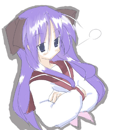 narakashiwa, hiiragi kagami, lucky star, lowres, 00s, 1girl, blue eyes, breath, female focus, long hair, long sleeves, purple hair, sailor collar, school uniform, serafuku, shirt, simple background, solo, upper body, very long hair, white background, white shirt