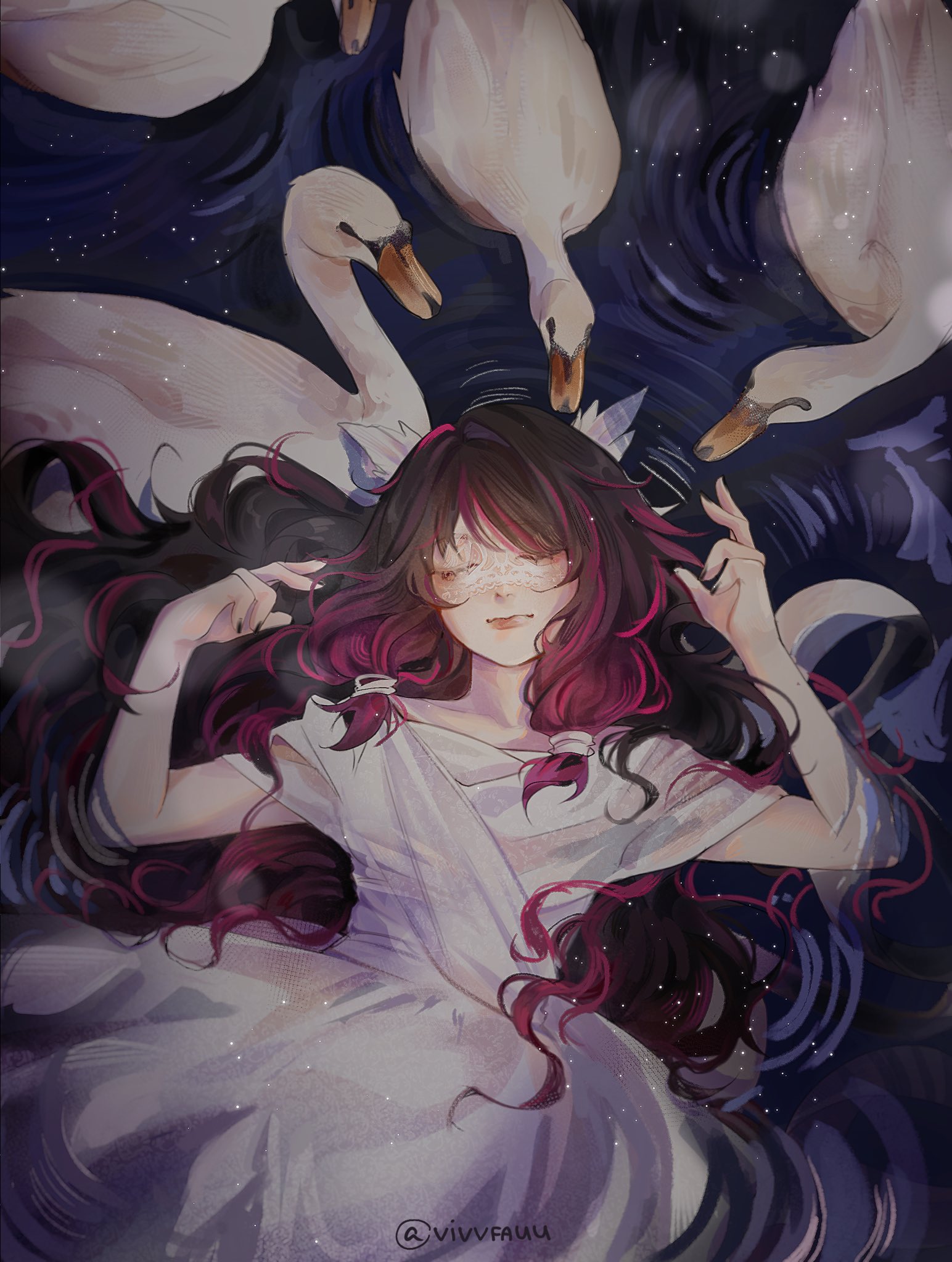 columbina (genshin impact), genshin impact, commentary, highres, 1girl, bird, black hair, closed eyes, dress, hands up, multicolored hair, purple hair, short sleeves, solo, streaked hair, swan, vivvfauumeow, white dress