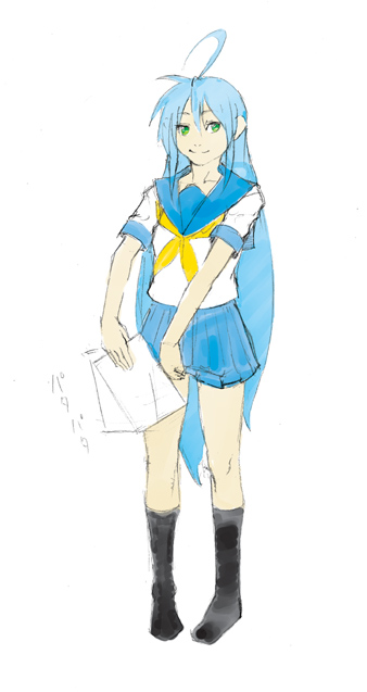 izumi konata, lucky star, 00s, 1girl, antenna hair, black socks, blue hair, blue skirt, fanning crotch, female focus, green eyes, holding, kneehighs, long hair, pigeon-toed, pleated skirt, sailor collar, school uniform, serafuku, simple background, skirt, skirt fan, socks, solo, very long hair, white background