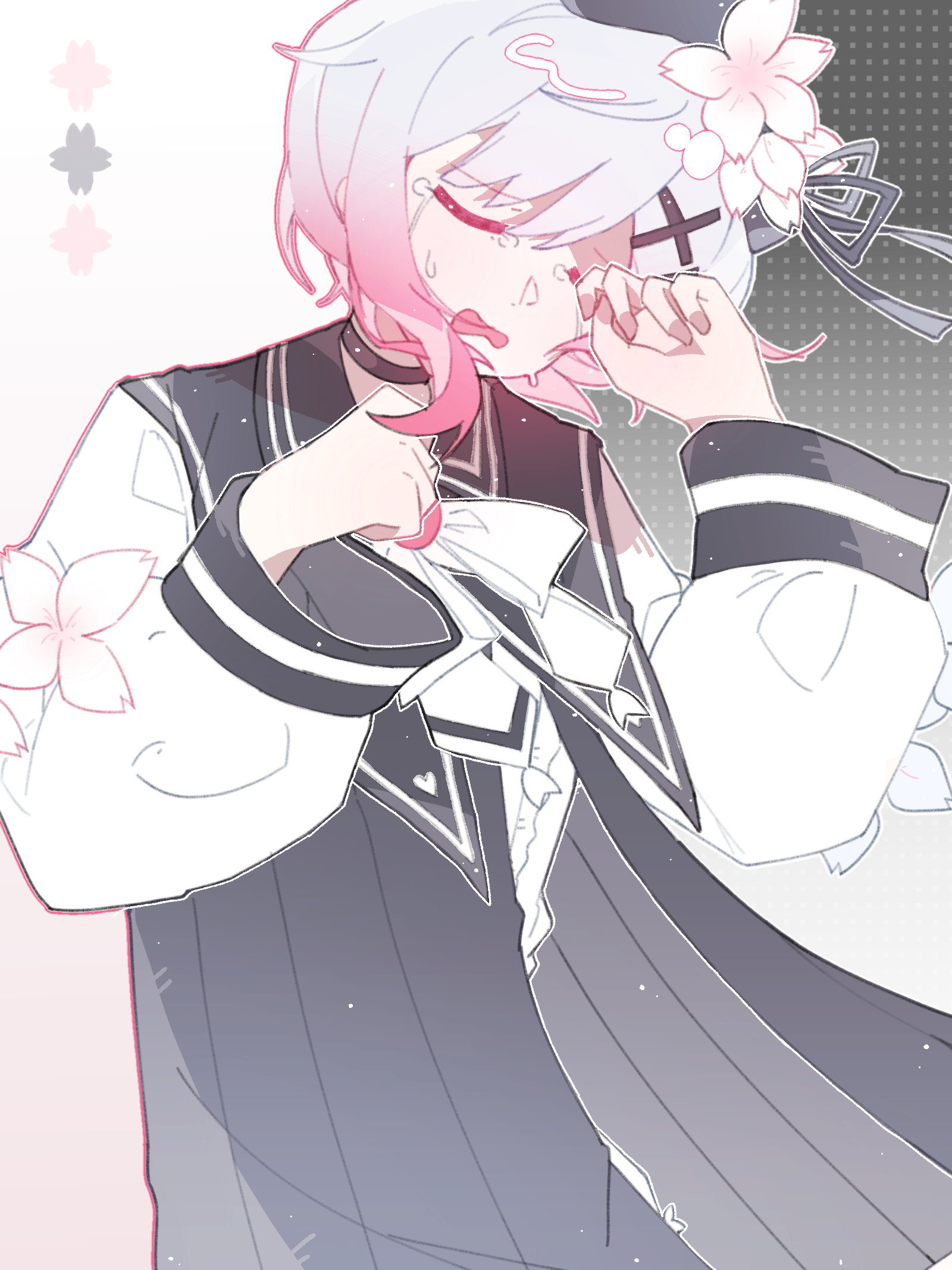 sakuraba ema, mahou shoujo no majo saiban, chinese commentary, commentary request, highres, 1girl, black jacket, black ribbon, closed eyes, cowboy shot, crying, da xi ni, flower, gradient hair, hair flower, hair ornament, hand on own face, hands up, jacket, long sleeves, magical girl, multicolored hair, neck ribbon, open mouth, pink hair, ribbon, short hair, solo, standing, tears, two-tone hair, white flower, white hair, white ribbon, wiping tears, x hair ornament