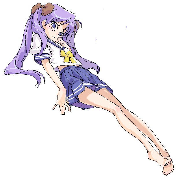 irigomame, hiiragi kagami, lucky star, 00s, 1girl, arm at side, bare legs, barefoot, blouse, blue eyes, blue skirt, blush, bow, brown bow, female focus, full body, hair bow, hand to own mouth, long hair, looking at viewer, miniskirt, pleated skirt, purple hair, school uniform, serafuku, shirt, short sleeves, simple background, skirt, solo, twintails, white background, white shirt, yellow bow