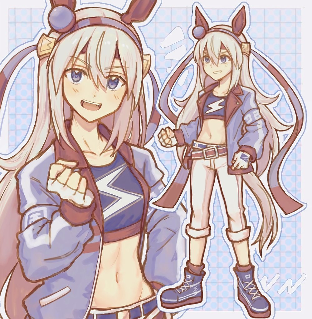 tamamo cross (umamusume), umamusume, commentary, english commentary, 1girl, :d, animal ears, armband, belt, belt buckle, blue armband, blue background, blue hairband, blue jacket, blue outline, blue ribbon, blue shirt, border, buckle, clenched hands, cropped shirt, ear covers, fang, fingerless gloves, gloves, grey background, grey hair, grid background, grin, groin, hair between eyes, hairband, hand on own hip, hand up, headband, horse ears, horse girl, horse tail, jacket, lightning bolt print, long hair, long ribbon, long sleeves, looking ahead, looking at viewer, navel, notice lines, open clothes, open jacket, open mouth, outline, outside border, pants, pants rolled up, polka dot, polka dot background, print gloves, print shirt, projected inset, puffy long sleeves, puffy sleeves, red belt, red hairband, red headband, red ribbon, red socks, red trim, ribbon, shirt, smile, socks, standing, stomach, striped belt, striped clothes, striped hairband, striped jacket, striped ribbon, taa in1, tail, teeth, two-tone background, two-tone belt, two-tone hairband, two-tone ribbon, upper teeth only, v-shaped eyebrows, white belt, white border, white gloves, white outline, white pants