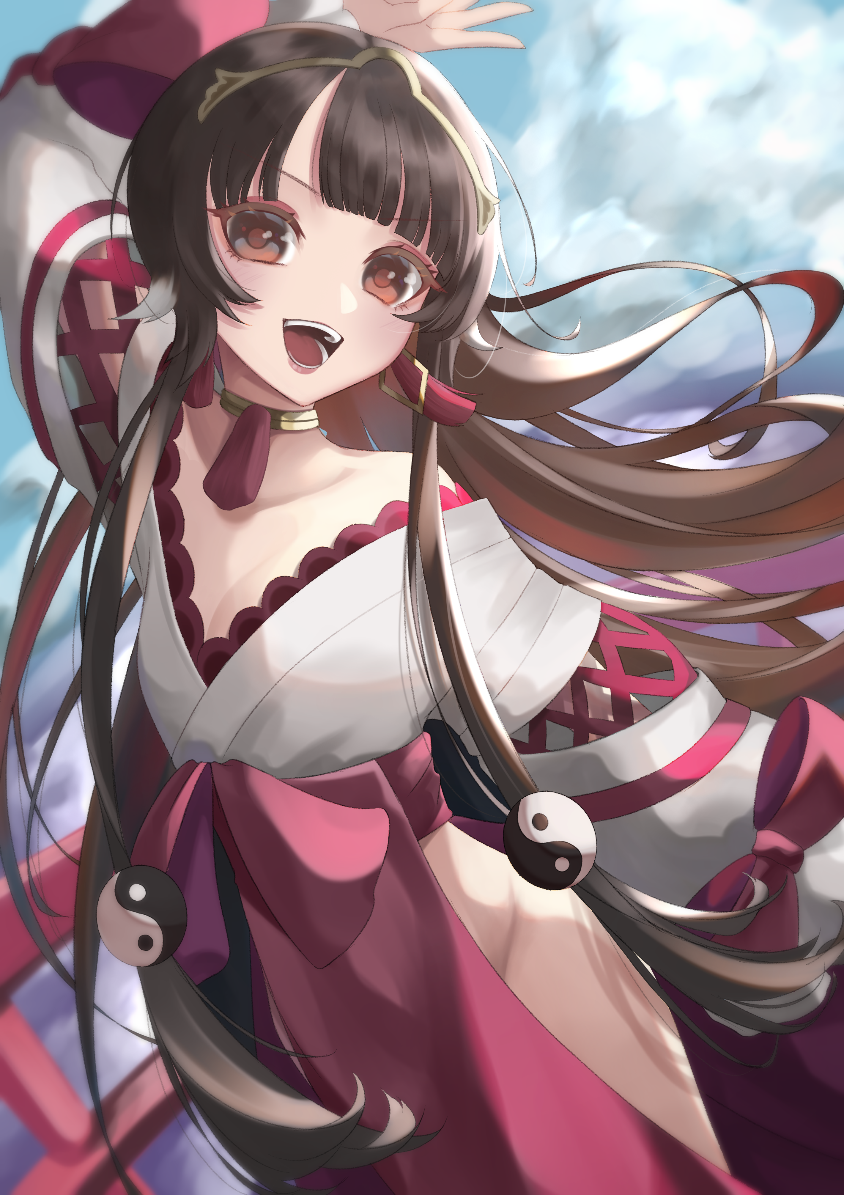 kagamiwor, miyokata no nako, mahou shoujo ikusei keikaku, mahou shoujo ikusei keikaku restart, absurdres, highres, 1girl, black hair, brown eyes, cloud, hime cut, japanese clothes, long hair, magical girl, miko, open mouth, orb, sky, smile, yin yang, yin yang orb