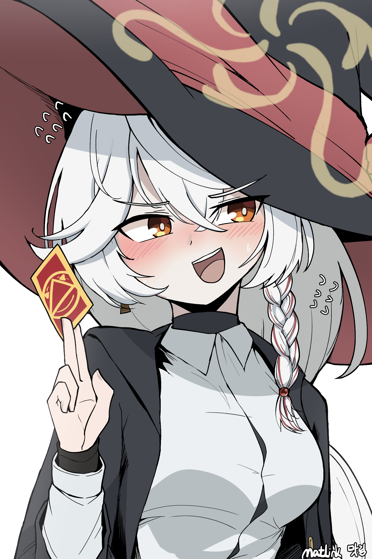 matlink, eri (blue archive), blue archive, blush, bow, bowtie, braid, card, earrings, embarrassed, halo, hat, holding, holding card, jacket, jewelry, long coat, long hair, orange eyes, shirt, sweatdrop, sweater, white hair, witch hat